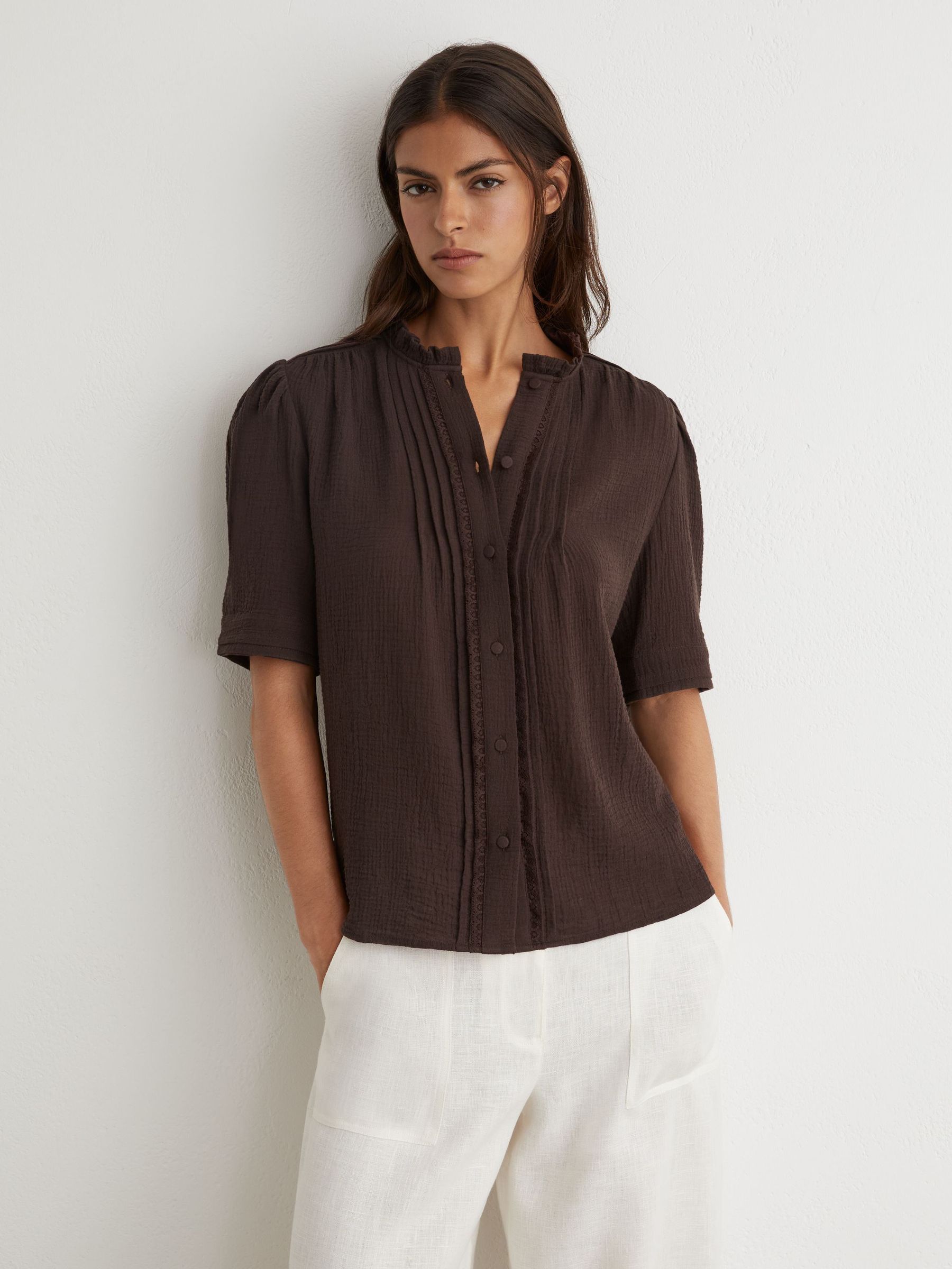 Cotton Cheesecloth Frill-Neck Top in Chocolate Brown - Image 4 of 6