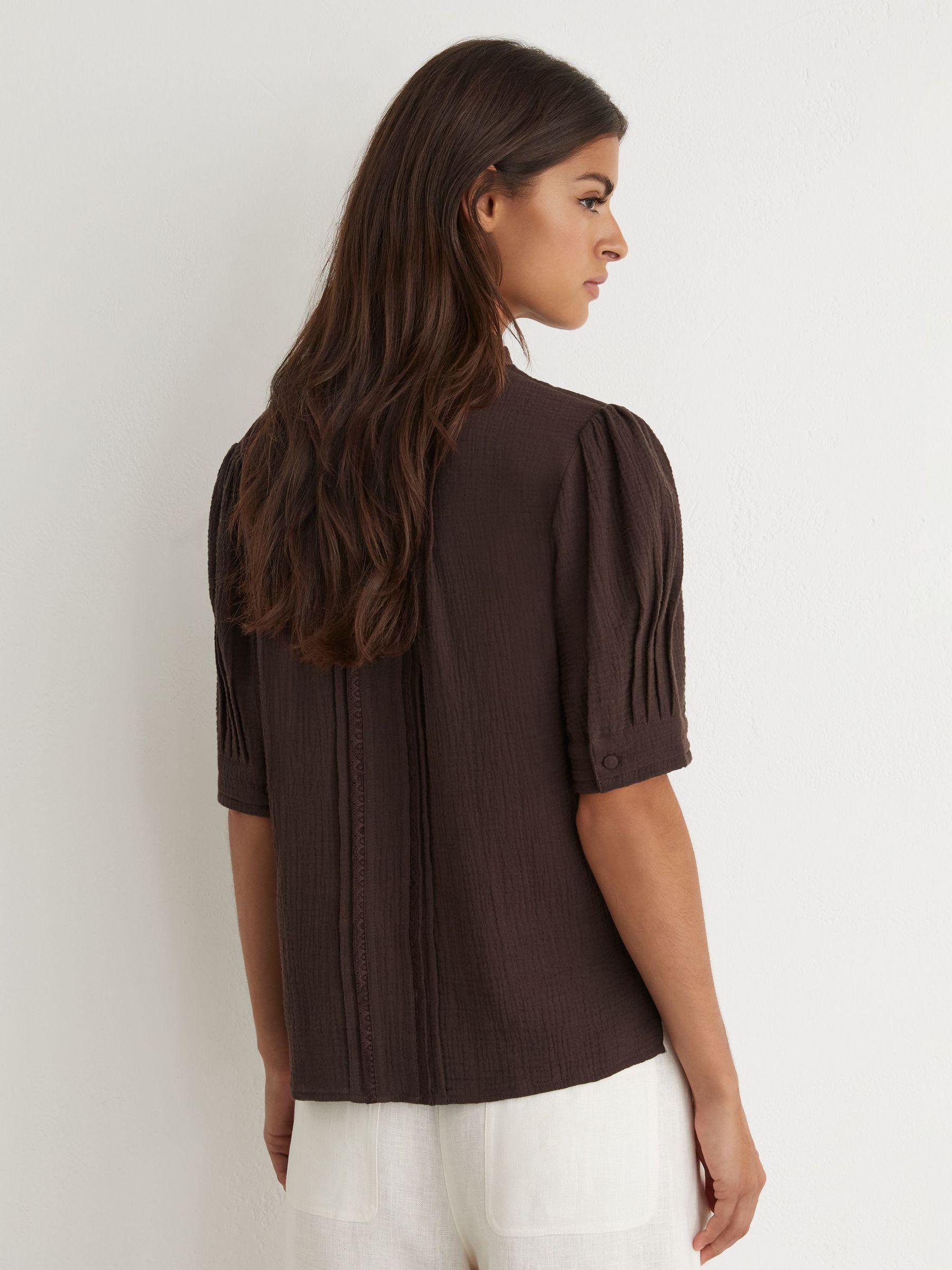 Cotton Cheesecloth Frill-Neck Top in Chocolate Brown - Image 5 of 6