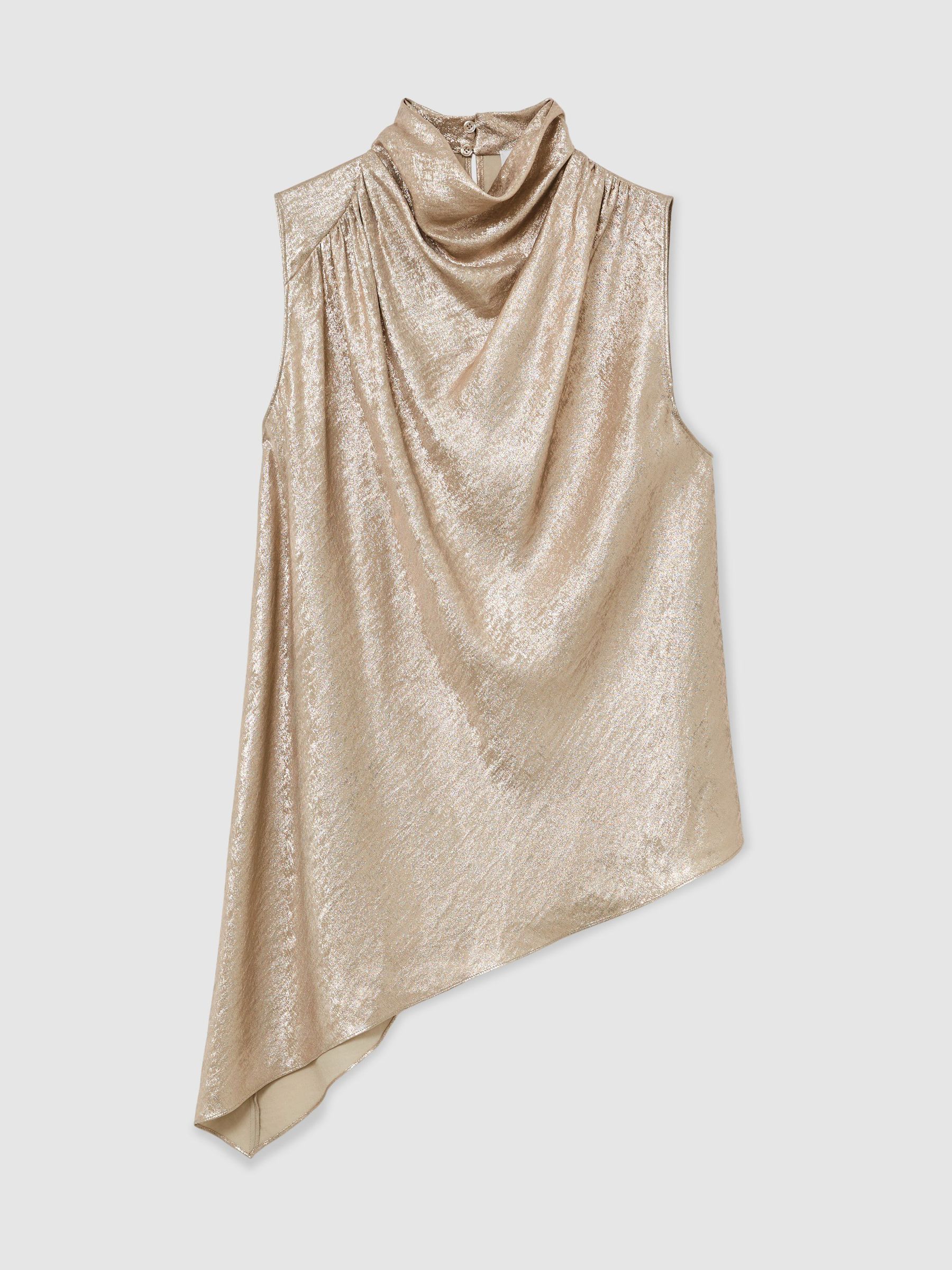 Metallic Draped High-Neck Sleeveless Top in Champagne Neutral - Image 2 of 7
