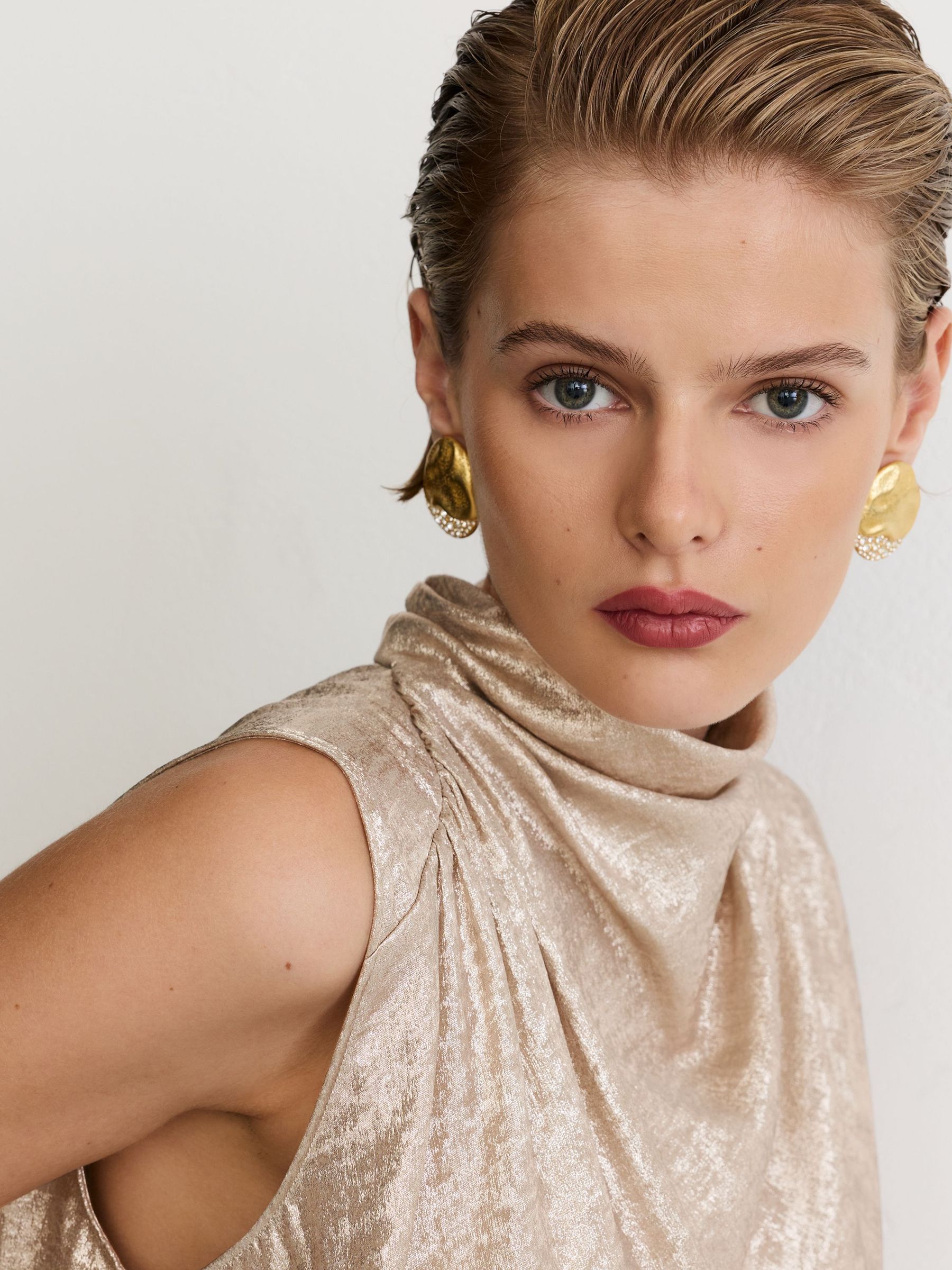 Metallic Draped High-Neck Sleeveless Top in Champagne Neutral - Image 3 of 7