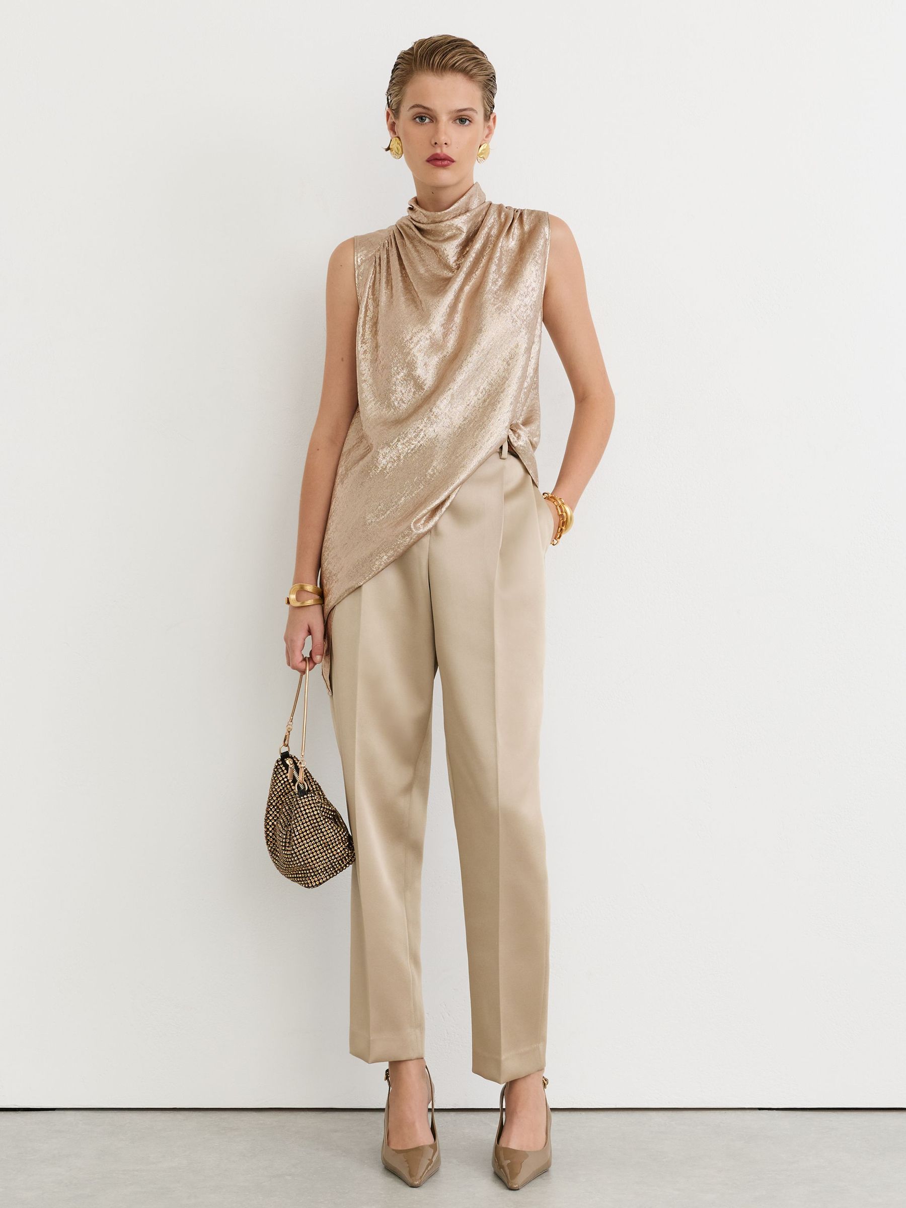 Metallic Draped High-Neck Sleeveless Top in Champagne Neutral - Image 4 of 7