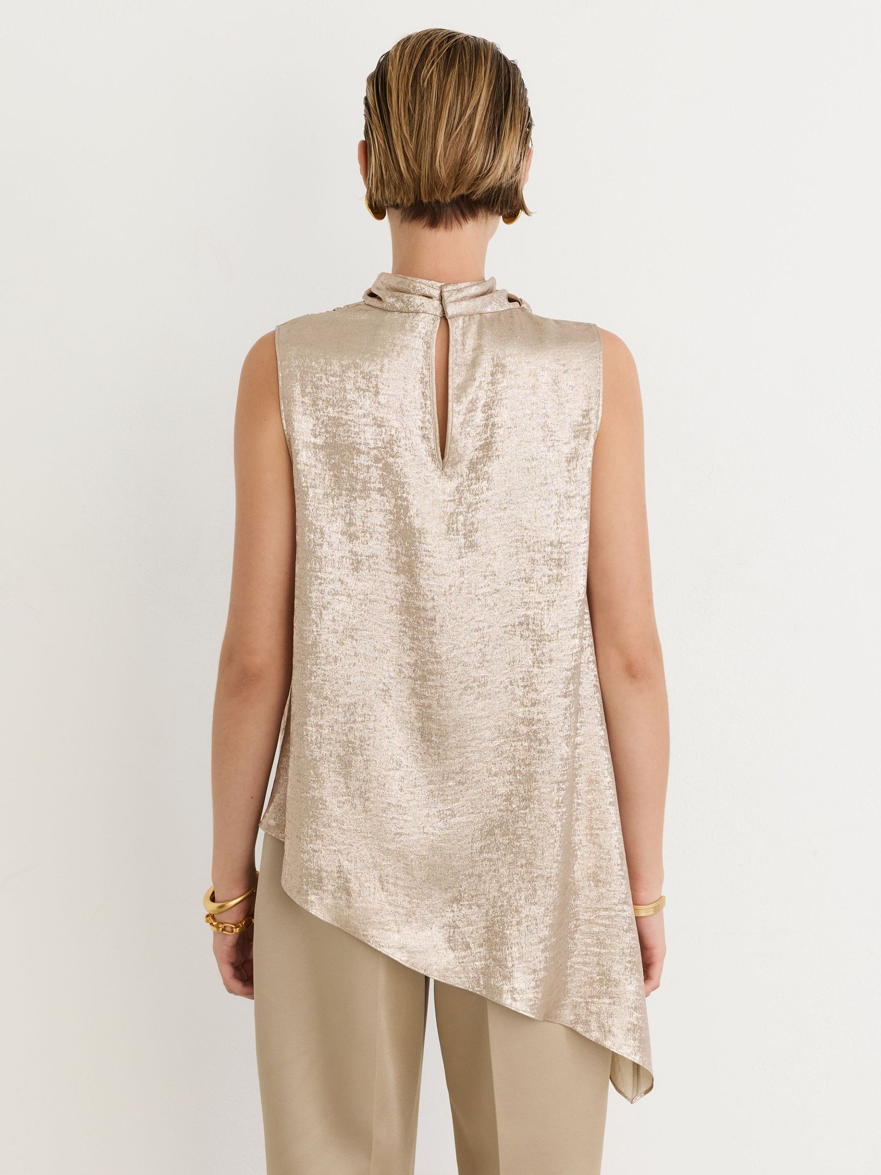 Metallic Draped High-Neck Sleeveless Top in Champagne Neutral - Image 6 of 7
