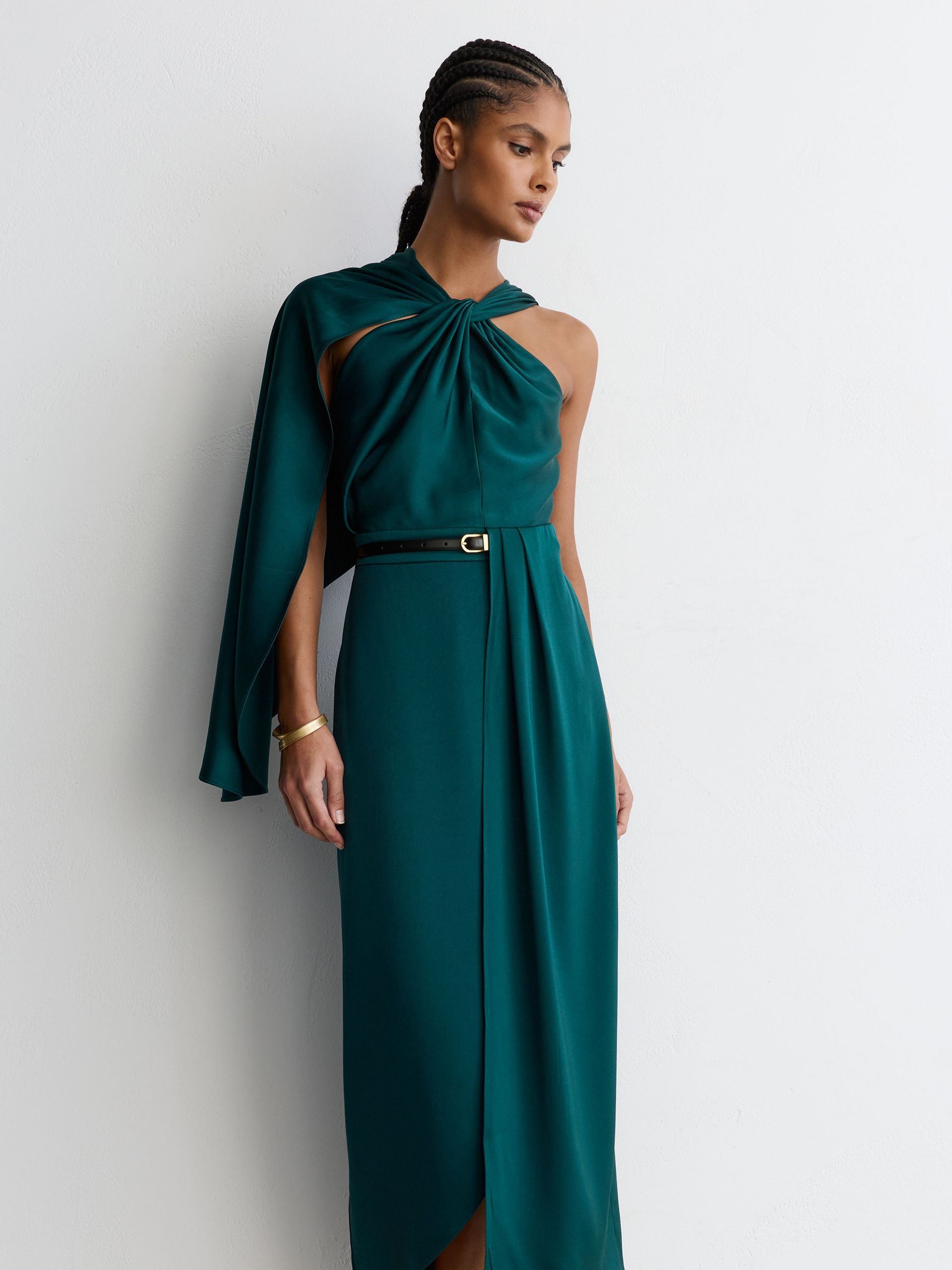 Satin Side-Cape Draped Midi Dress in Teal Green - Image 1 of 7