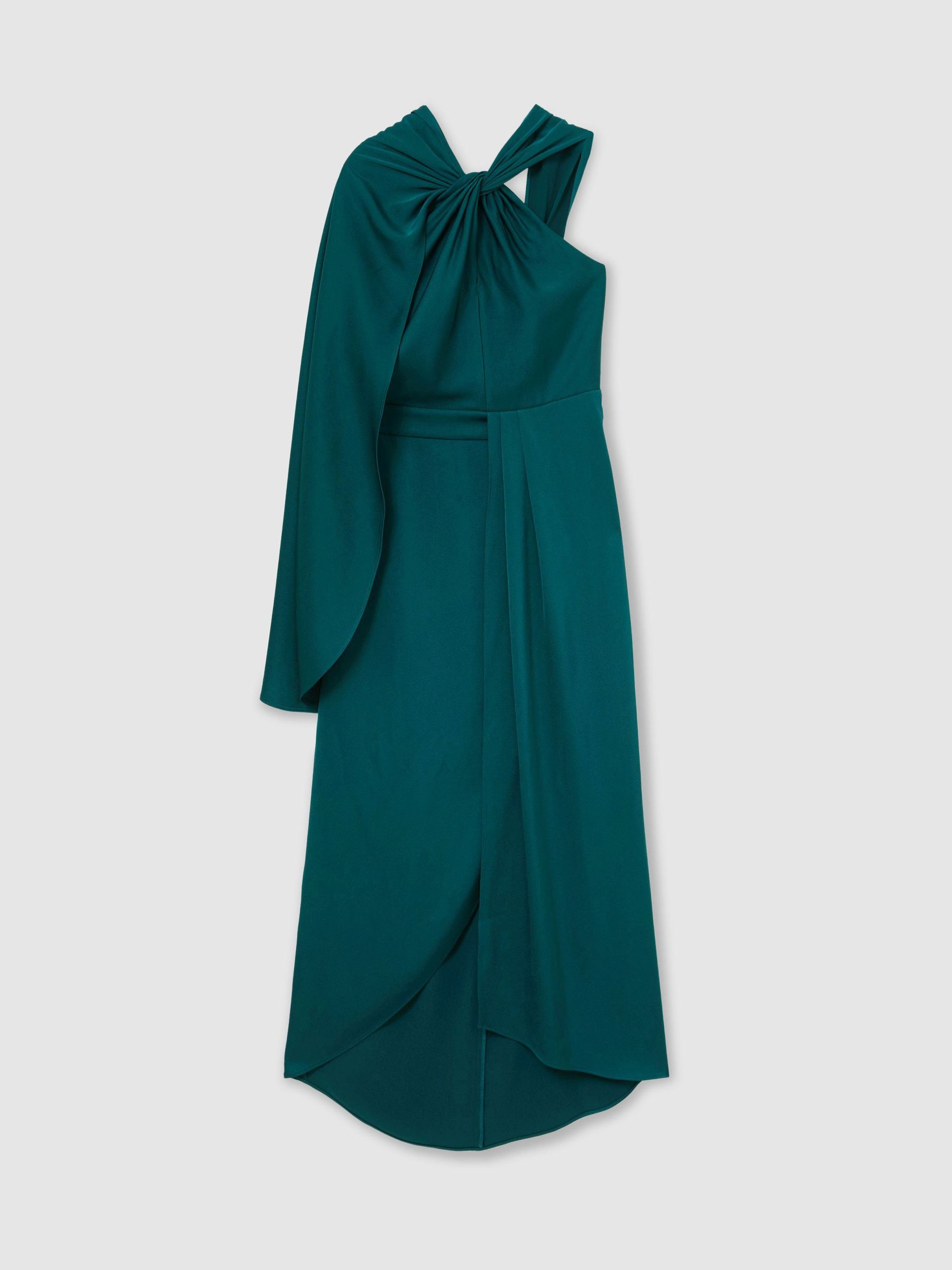 Satin Side-Cape Draped Midi Dress in Teal Green - Image 2 of 7