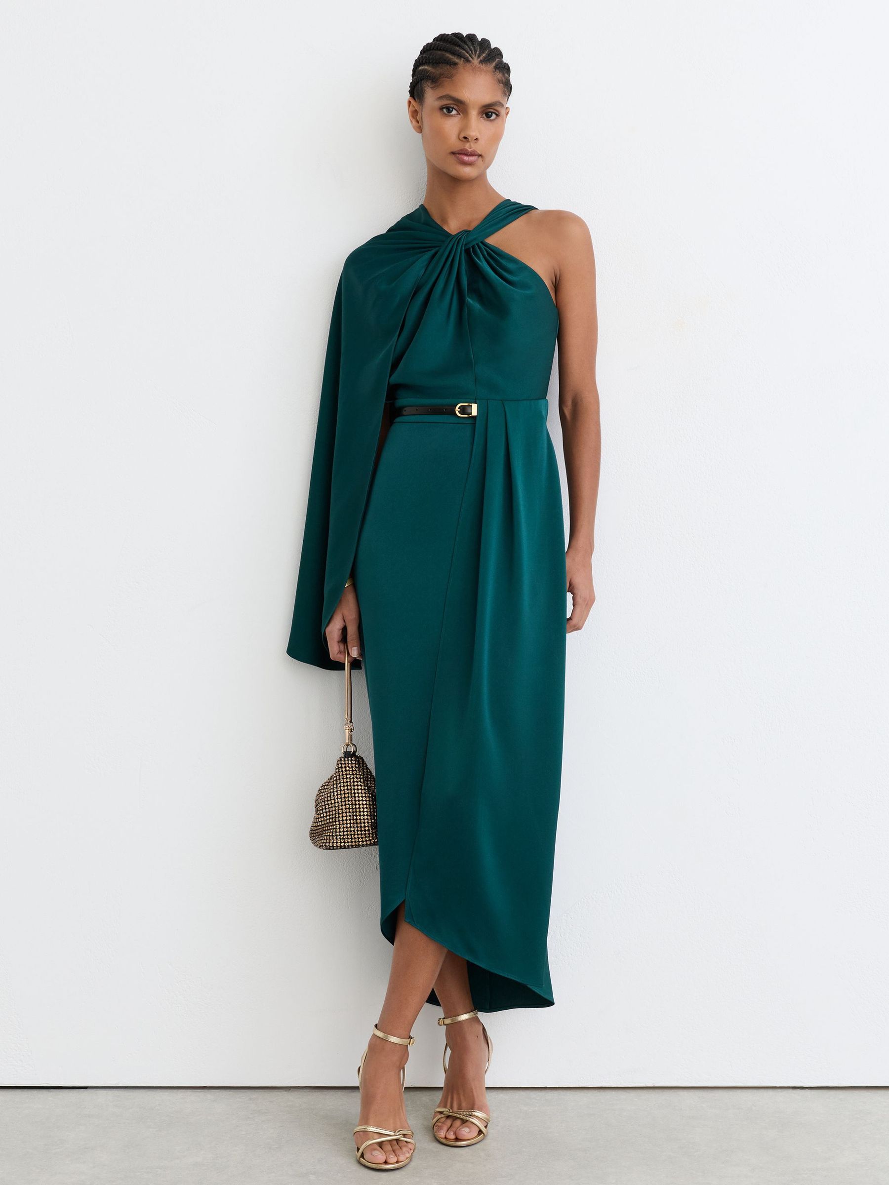 Satin Side-Cape Draped Midi Dress in Teal Green - Image 3 of 7