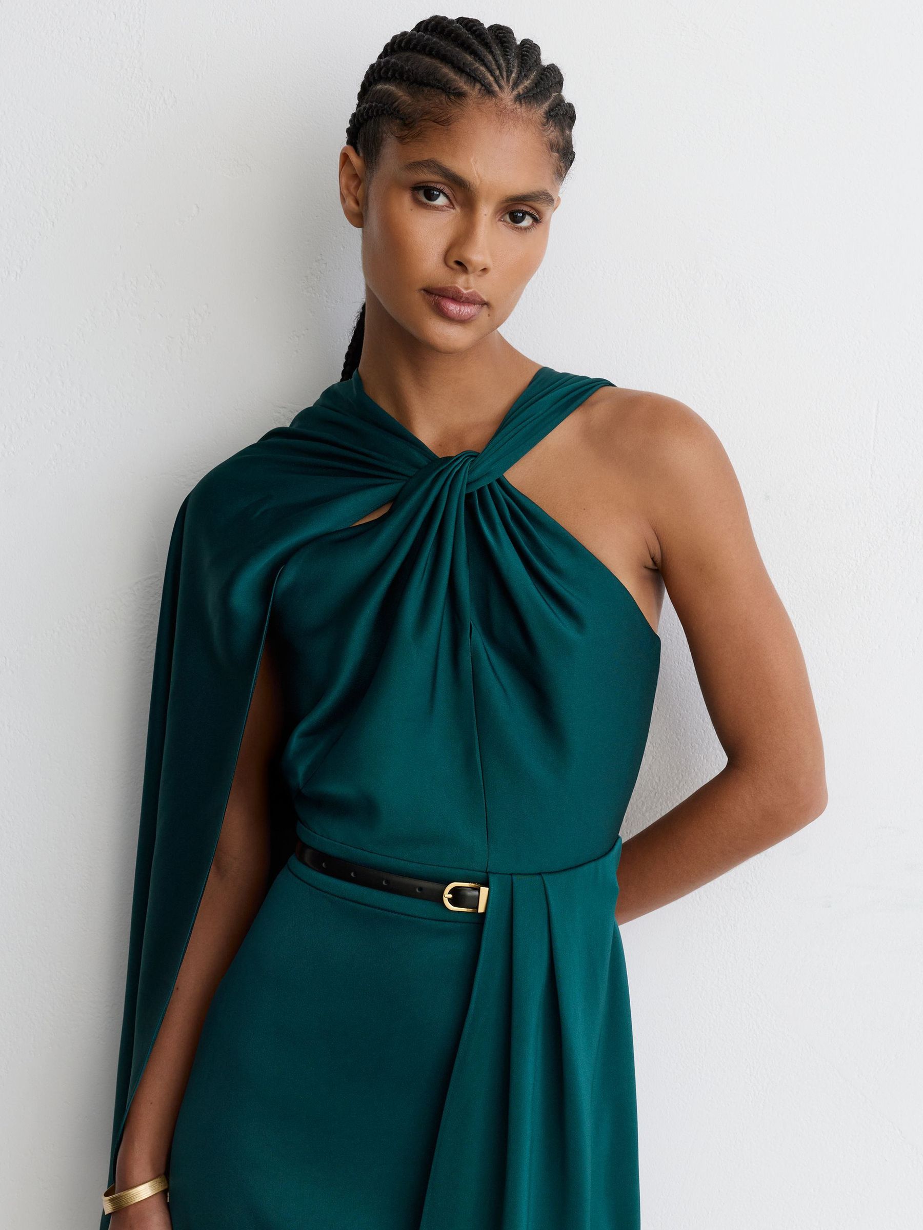 Satin Side-Cape Draped Midi Dress in Teal Green - Image 4 of 7