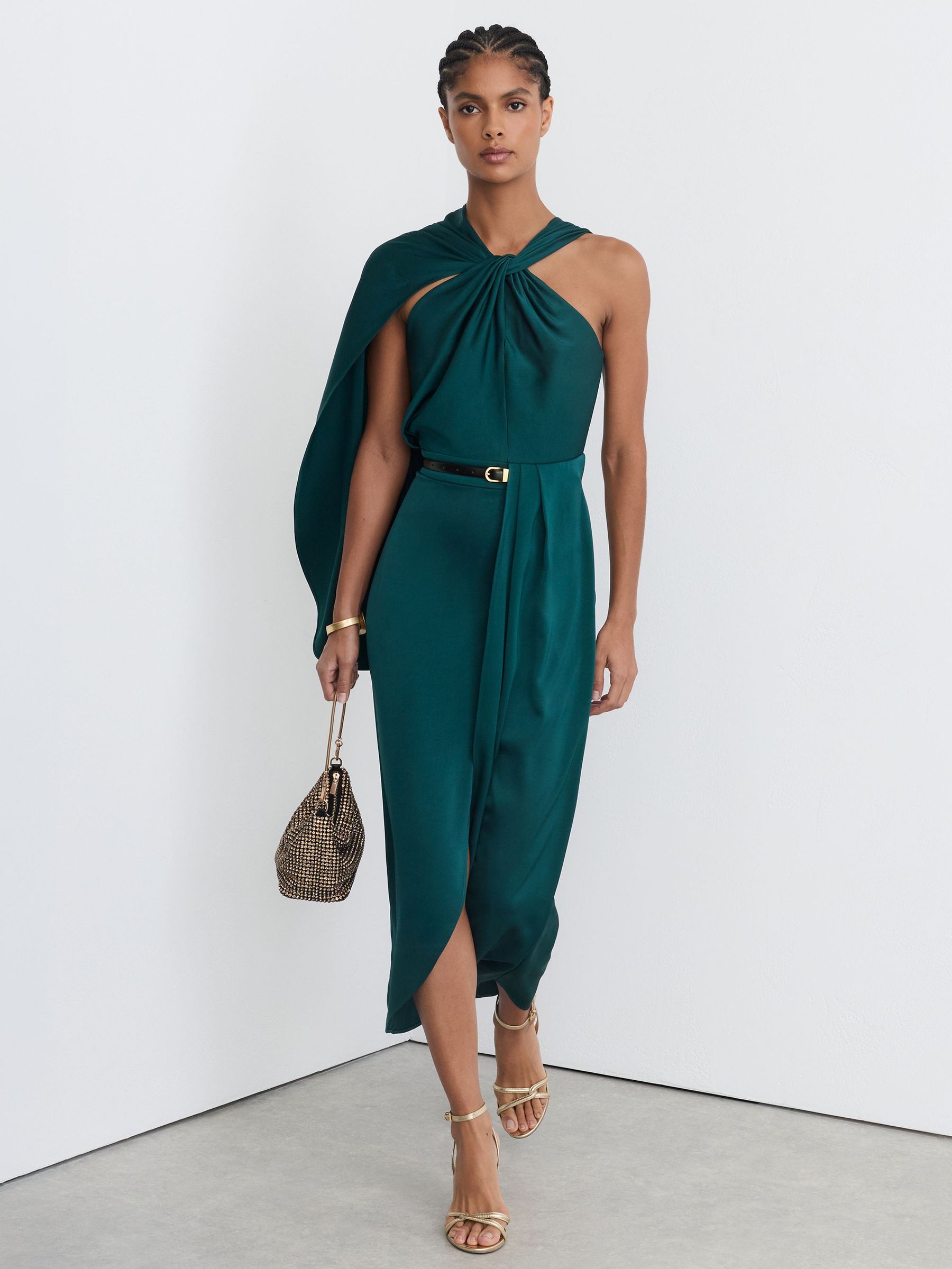 Satin Side-Cape Draped Midi Dress in Teal Green - Image 5 of 7