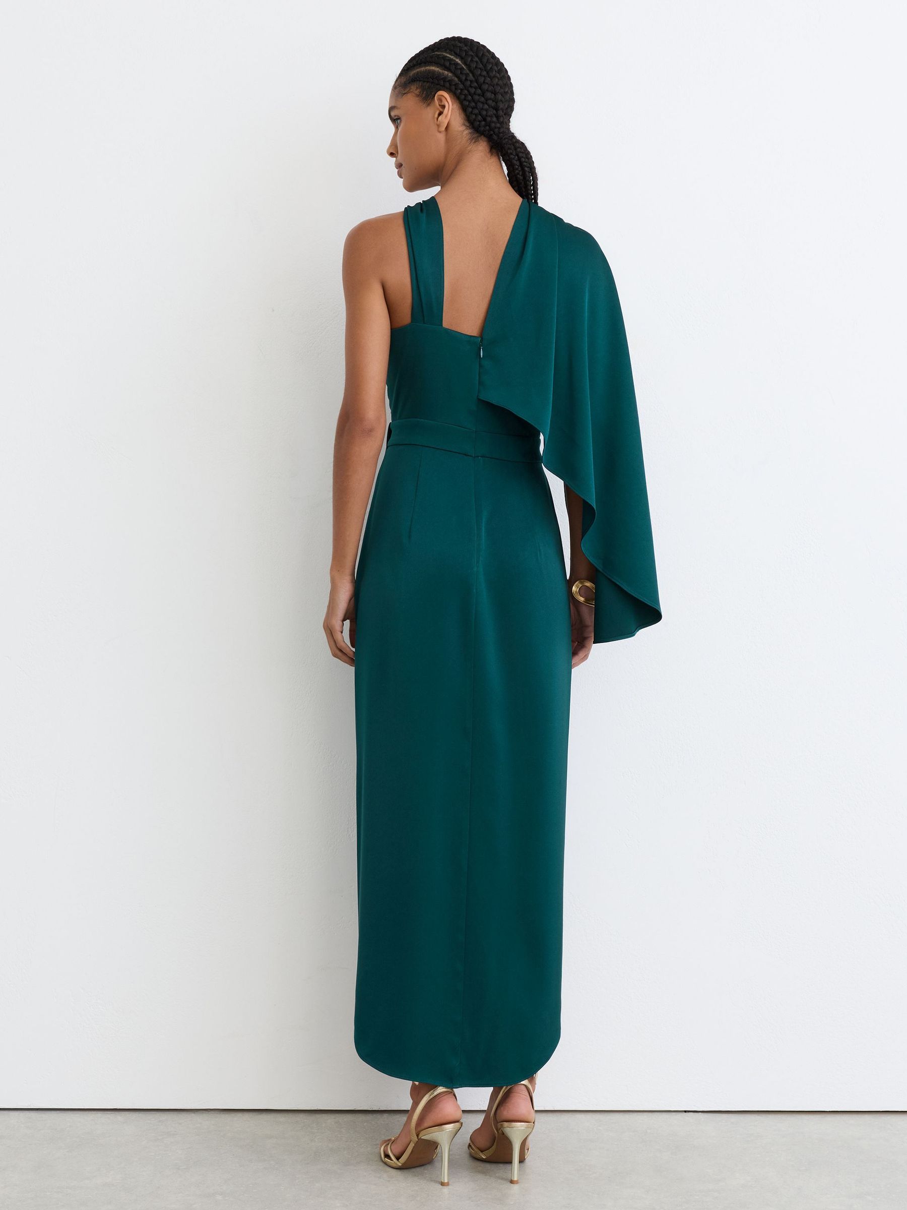 Satin Side-Cape Draped Midi Dress in Teal Green - Image 6 of 7