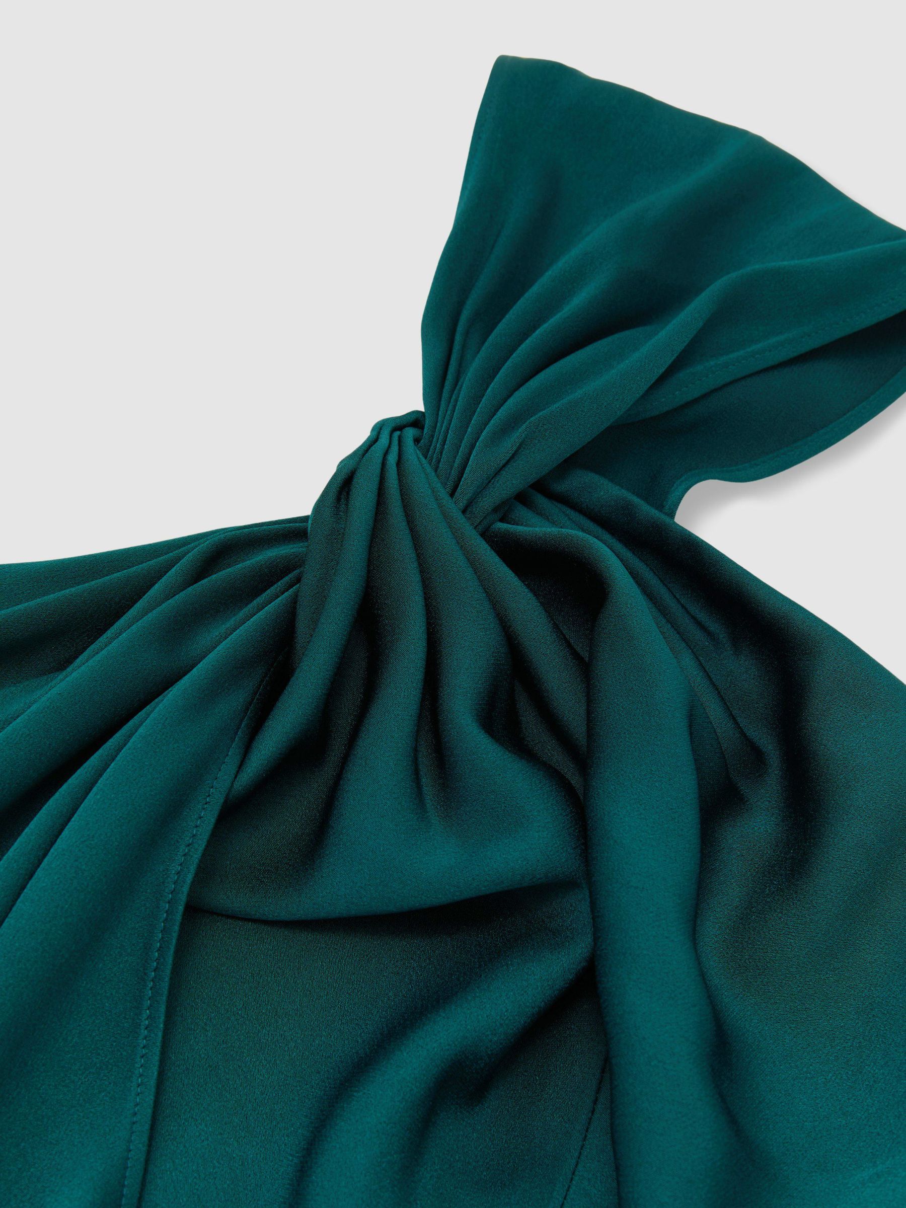 Satin Side-Cape Draped Midi Dress in Teal Green - Image 7 of 7