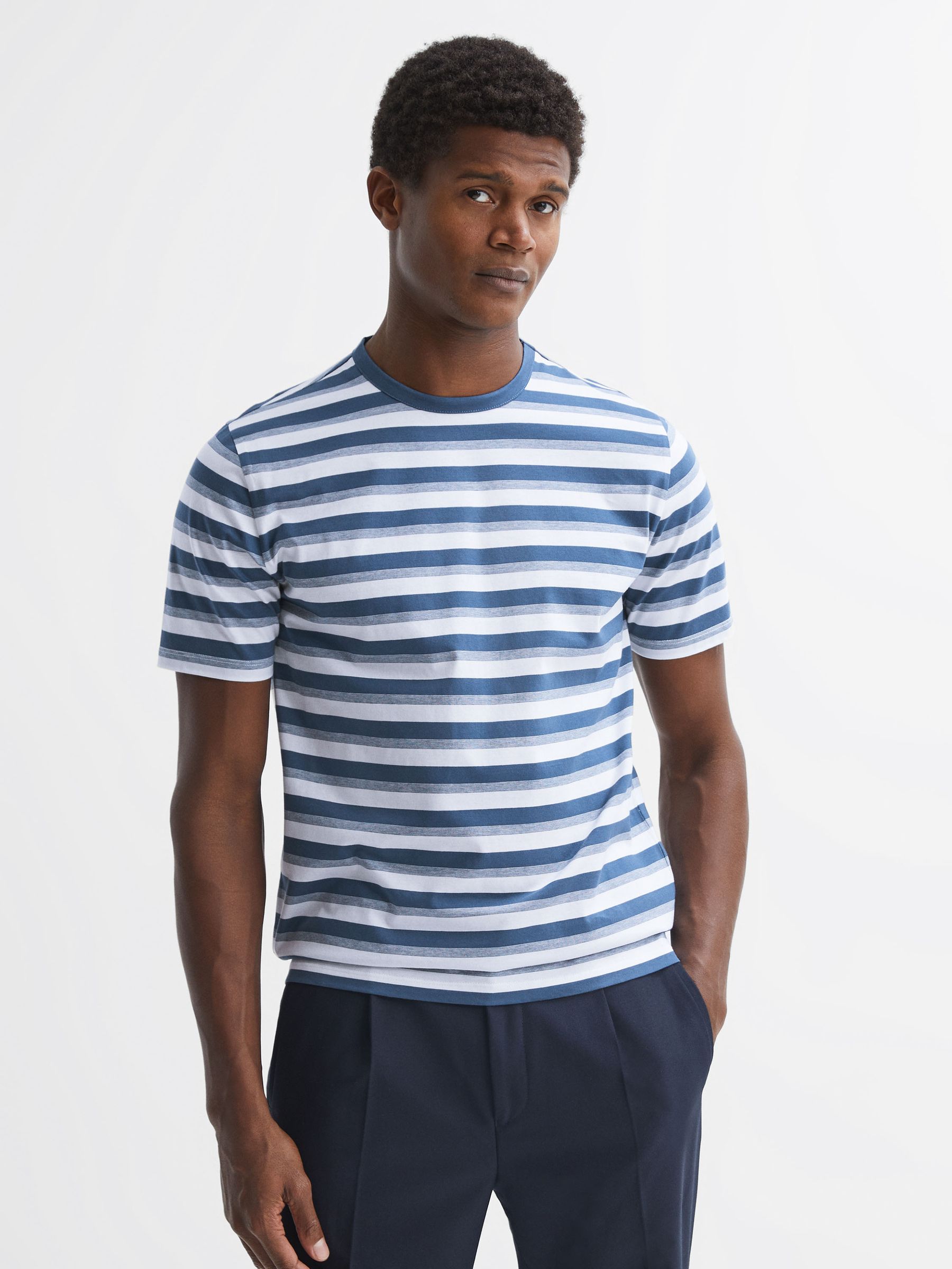 Cotton Crew Neck Striped T-Shirt in Blue/White - Image 1 of 5