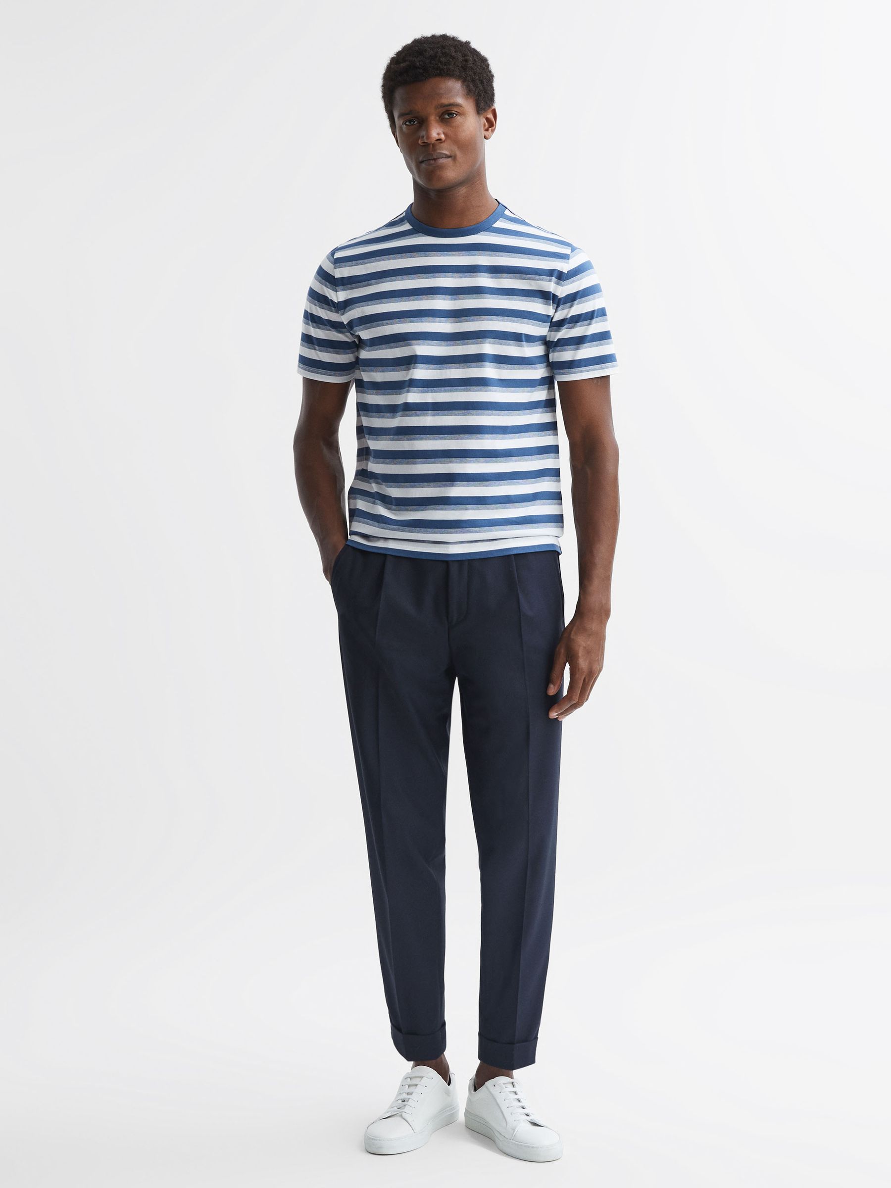 Cotton Crew Neck Striped T-Shirt in Blue/White - Image 3 of 5