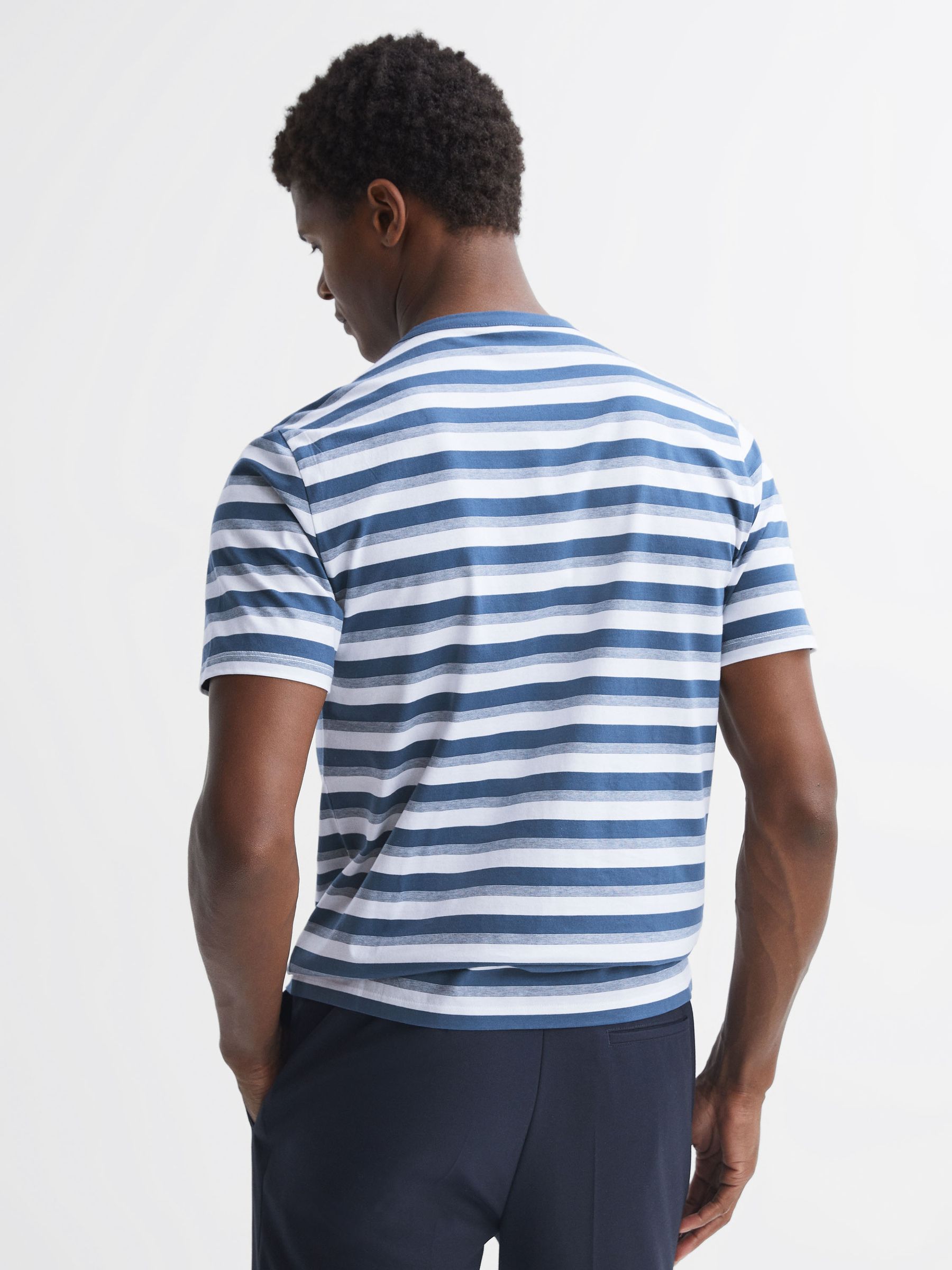 Cotton Crew Neck Striped T-Shirt in Blue/White - Image 4 of 5