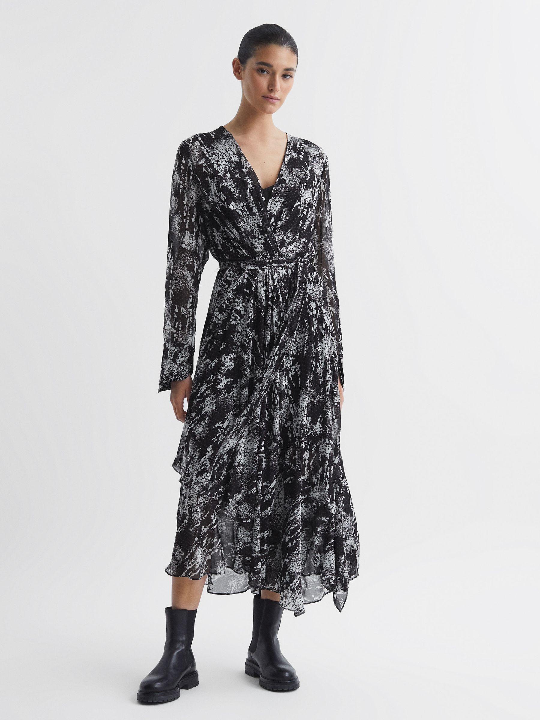 Belted Ruffle Printed Midi Dress in Black - Image 1 of 5
