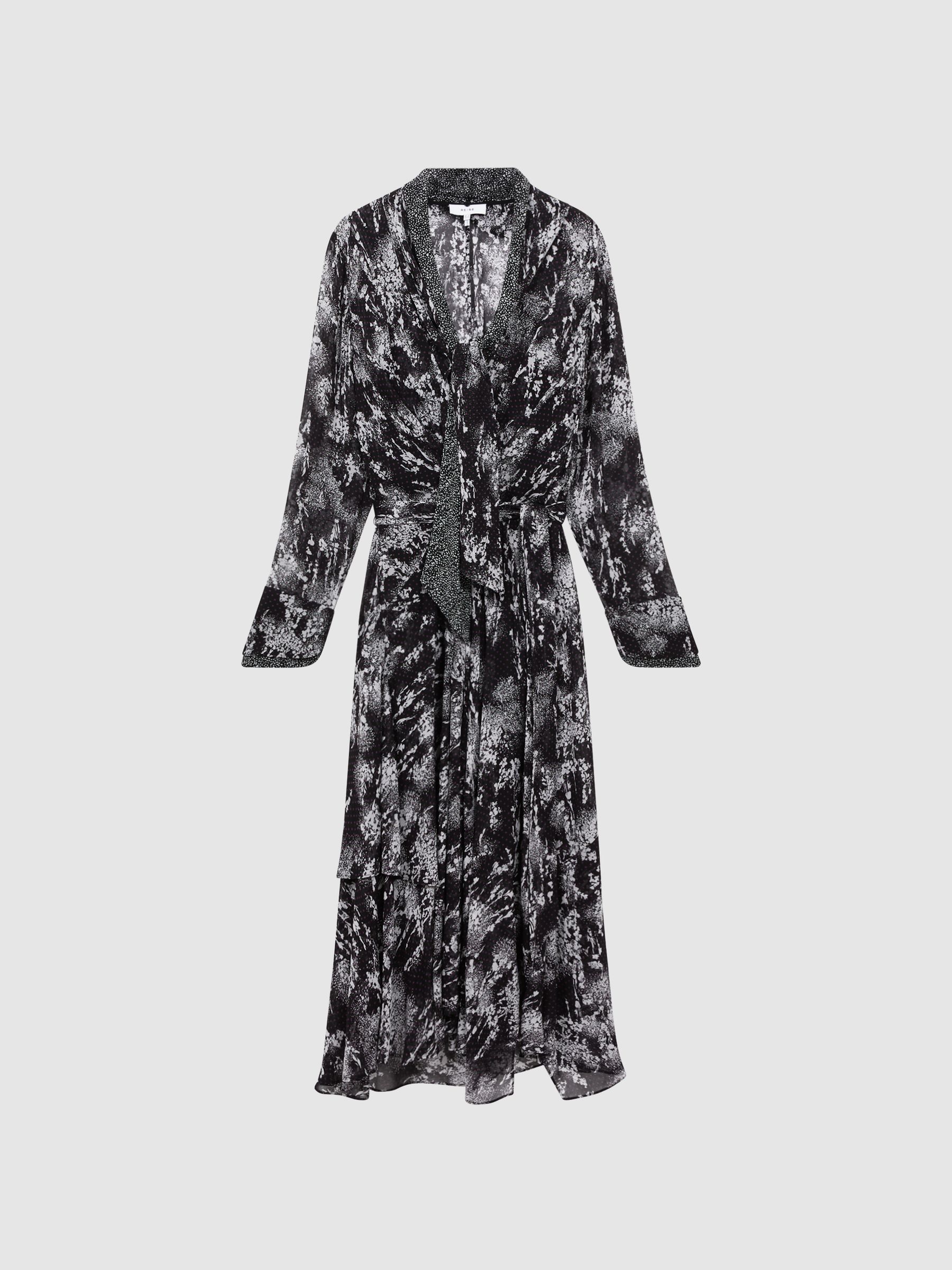 Belted Ruffle Printed Midi Dress in Black - Image 2 of 5