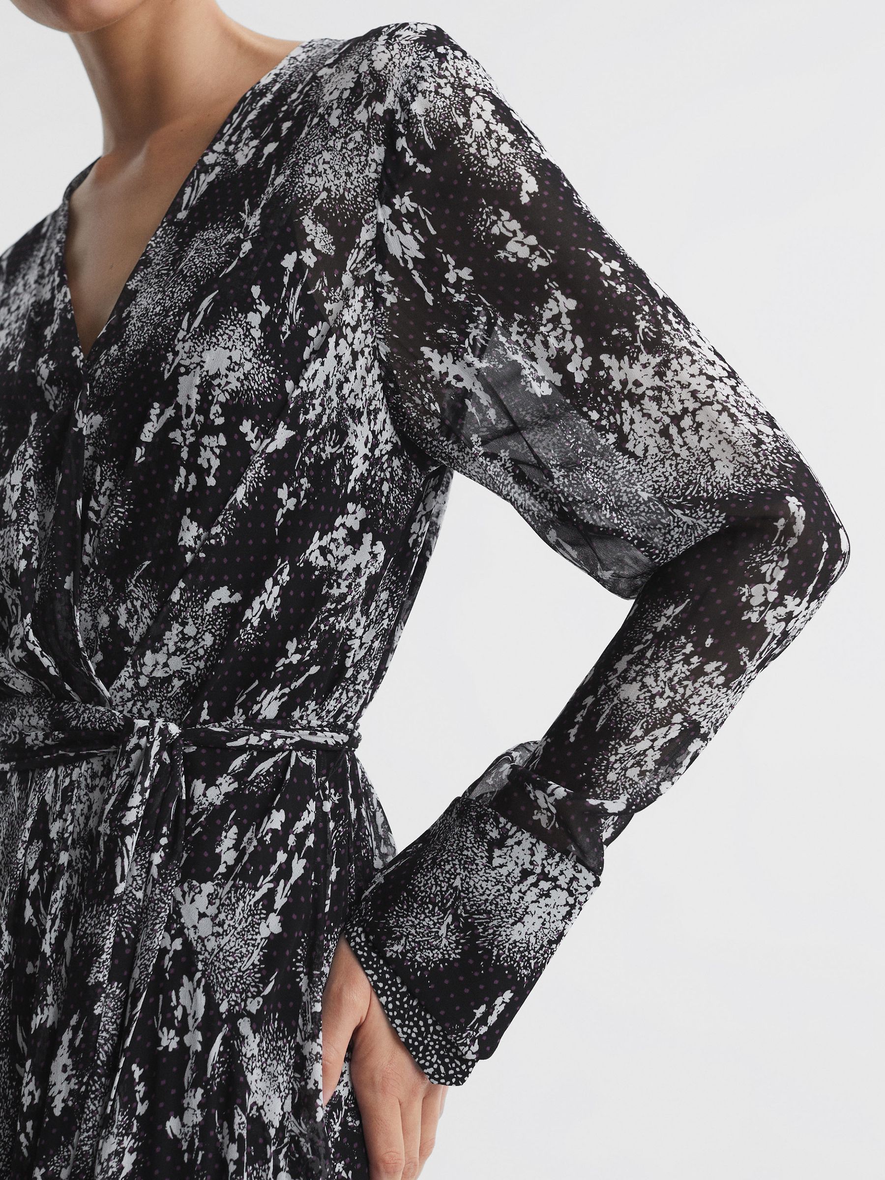 Belted Ruffle Printed Midi Dress in Black - Image 3 of 5