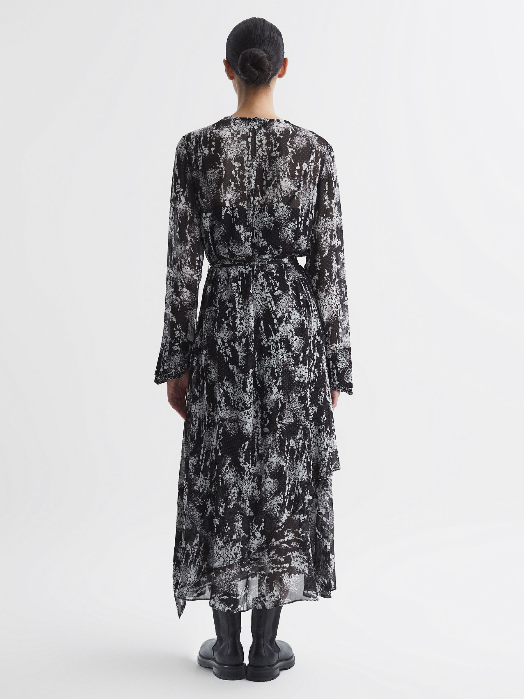 Belted Ruffle Printed Midi Dress in Black - Image 4 of 5
