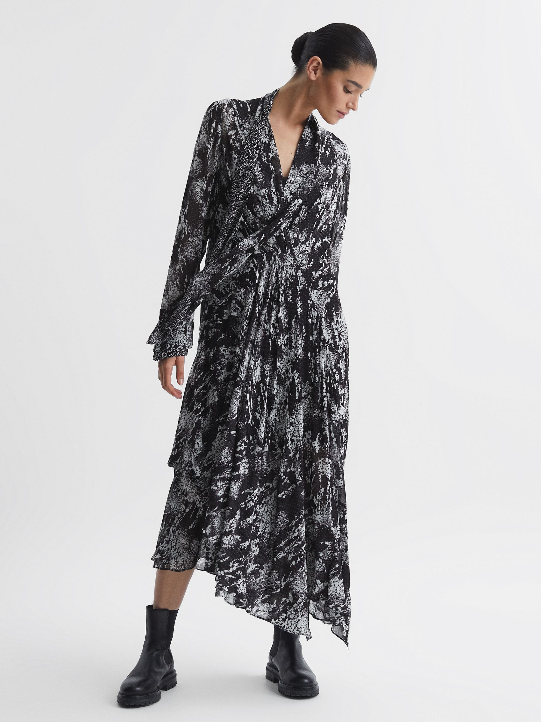 Belted Ruffle Printed Midi Dress in Black - Image 5 of 5