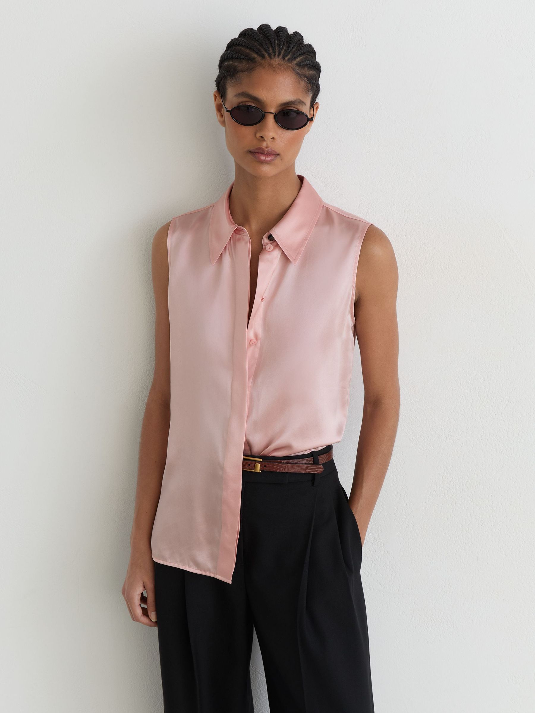Silk Sleeveless Shirt in Pale Pink - Image 1 of 6