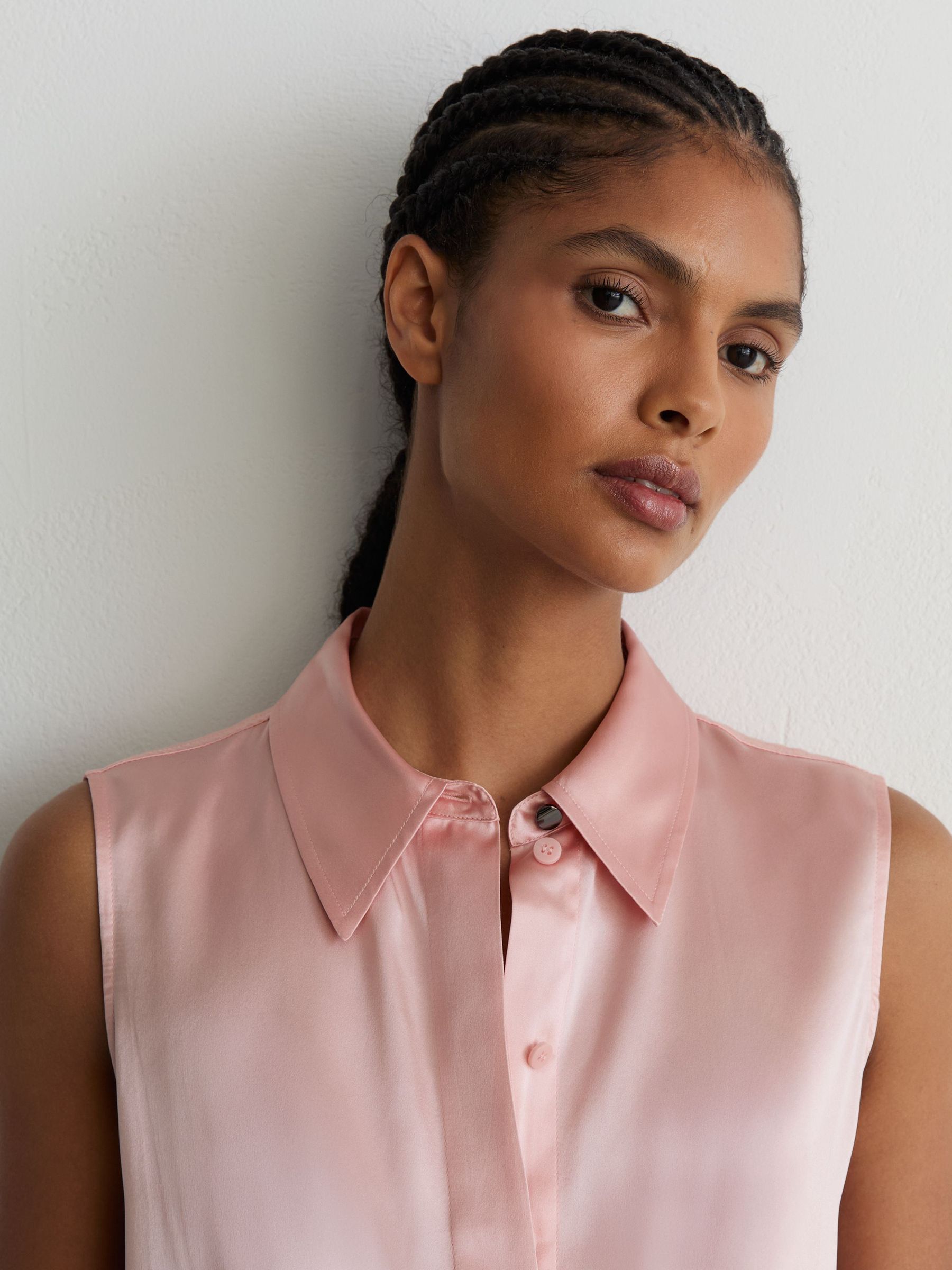 Silk Sleeveless Shirt in Pale Pink - Image 4 of 6