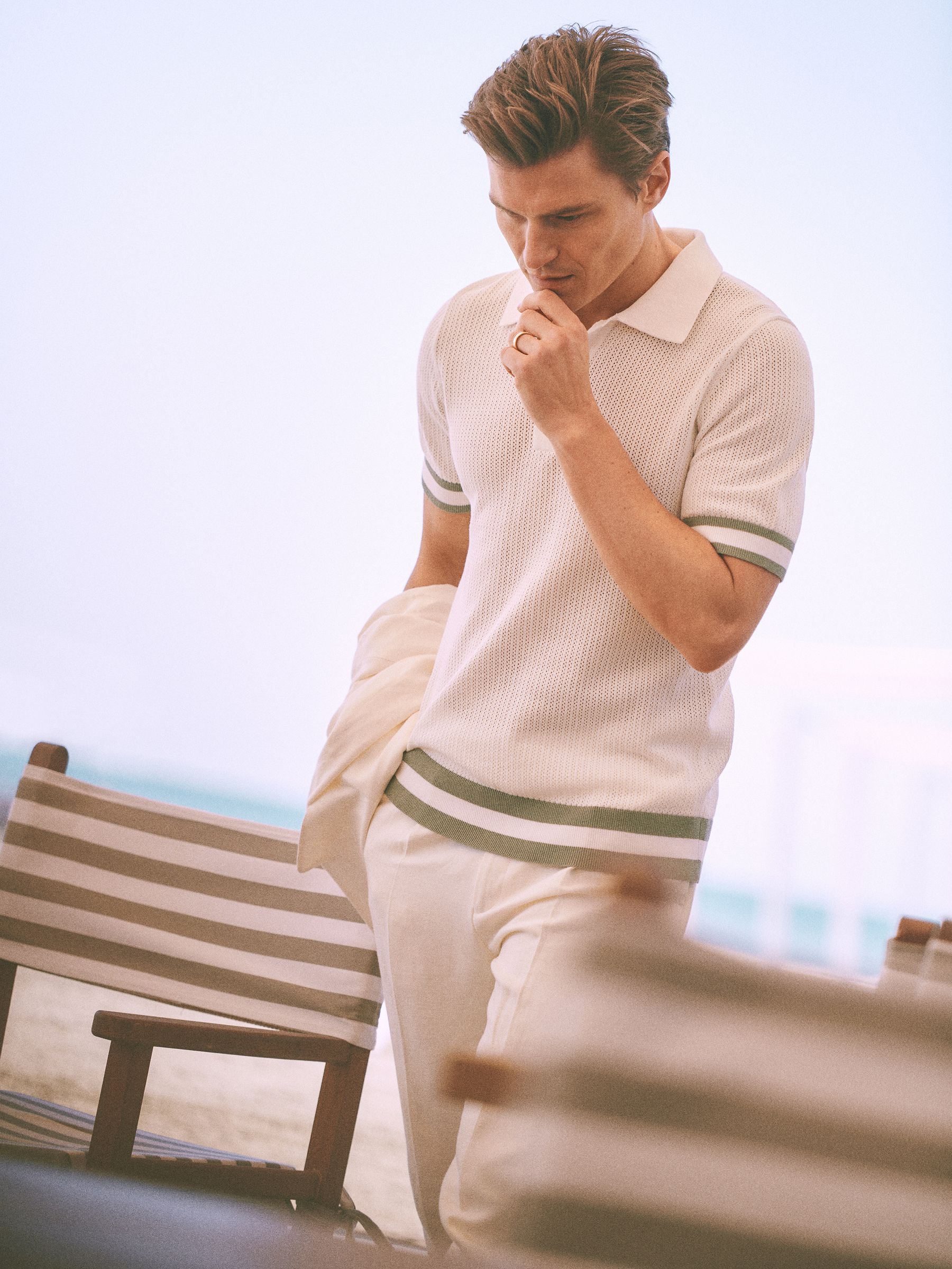 Reiss | Ché Knitted Half-Button Polo Shirt in White/Sage - Image 1 of 6 Reiss | Ché Knitted Half-Button Polo Shirt in White/Sage - Image 1 of 6