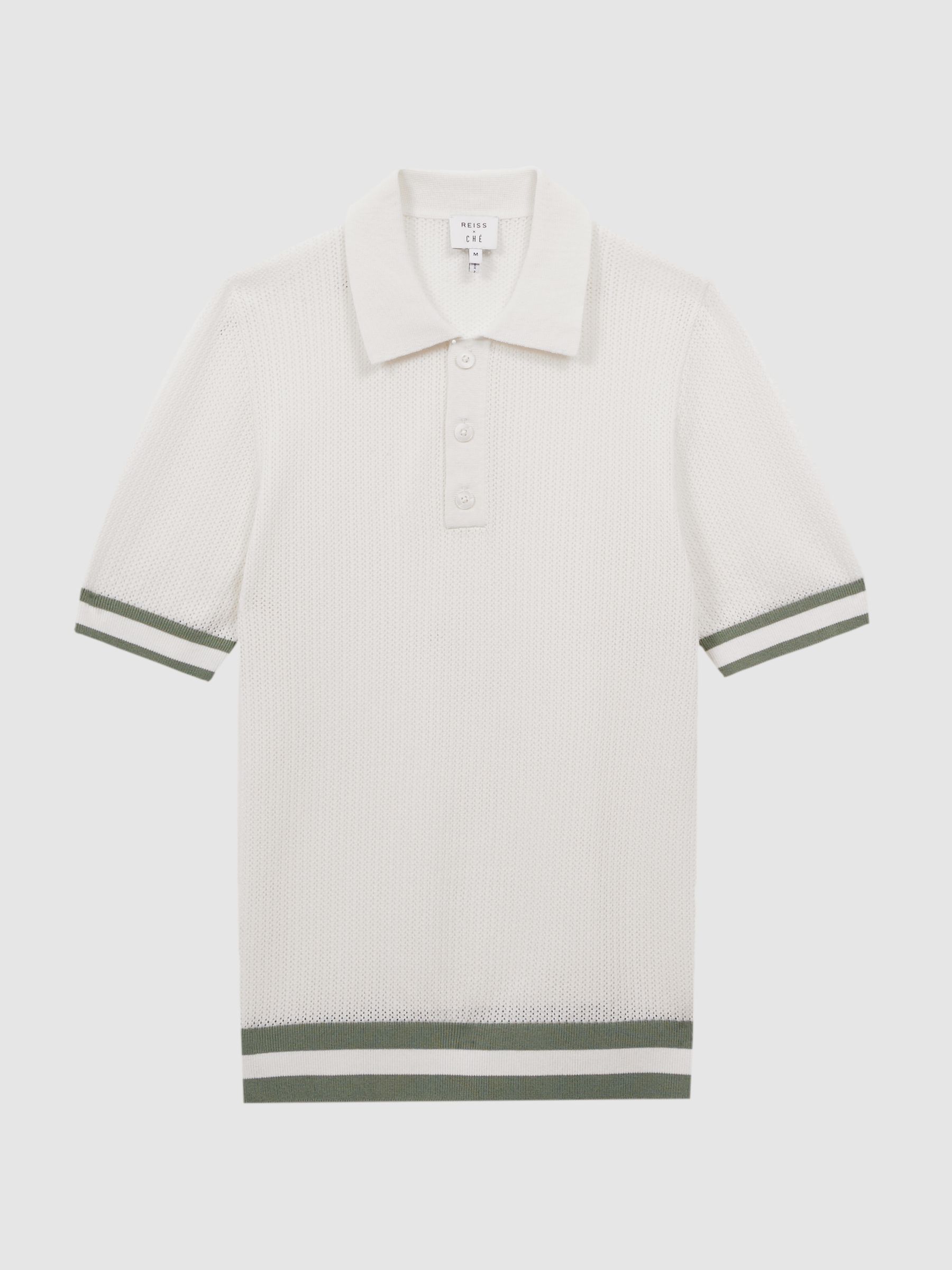 Reiss | Ché Knitted Half-Button Polo Shirt in White/Sage - Image 2 of 6