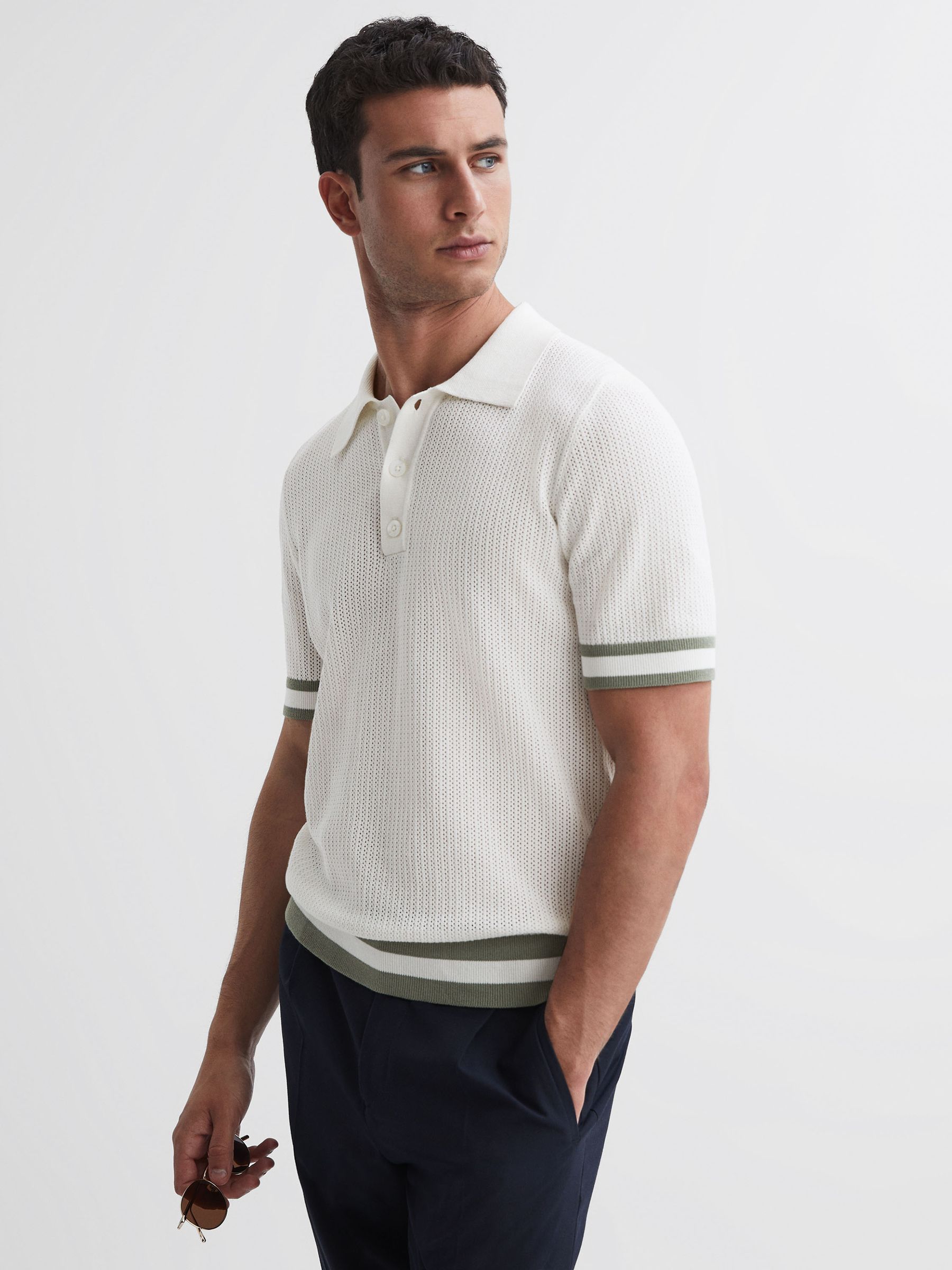 Reiss | Ché Knitted Half-Button Polo Shirt in White/Sage - Image 3 of 6