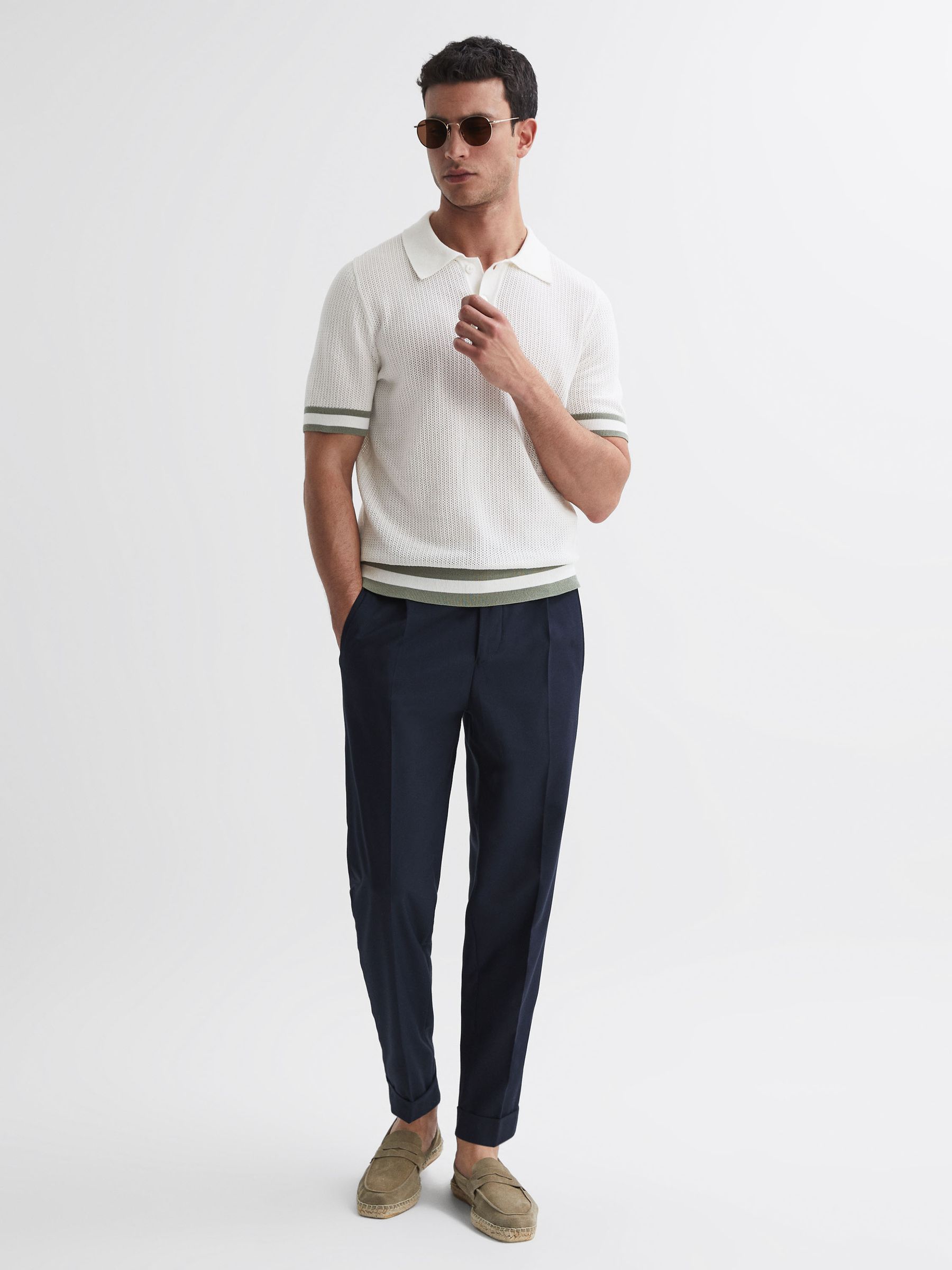 Reiss | Ché Knitted Half-Button Polo Shirt in White/Sage - Image 4 of 6