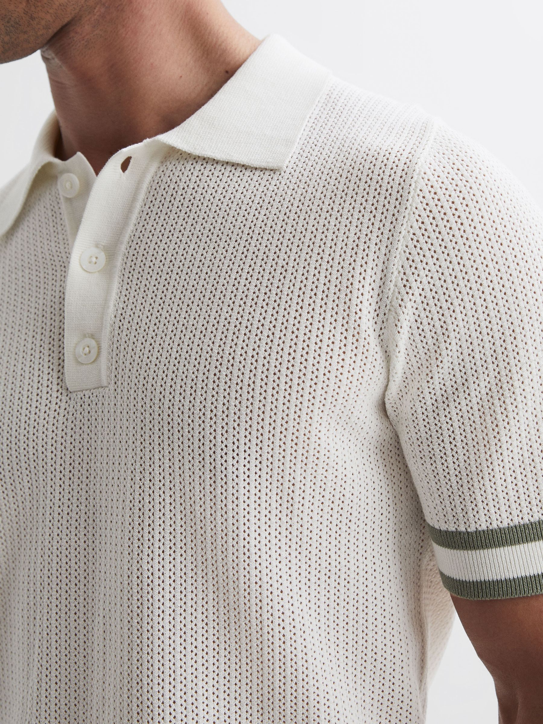 Reiss | Ché Knitted Half-Button Polo Shirt in White/Sage - Image 5 of 6
