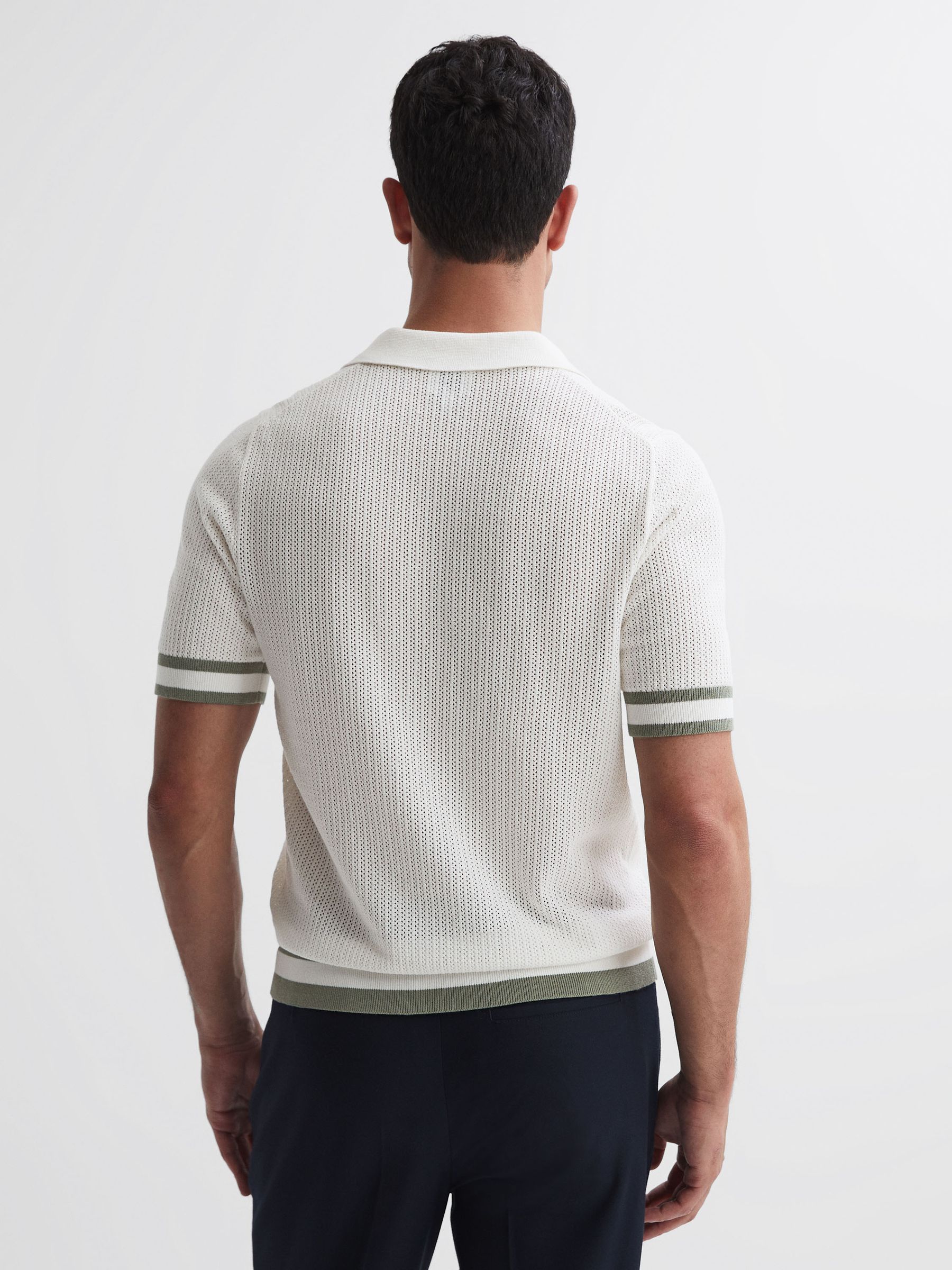 Reiss | Ché Knitted Half-Button Polo Shirt in White/Sage - Image 6 of 6