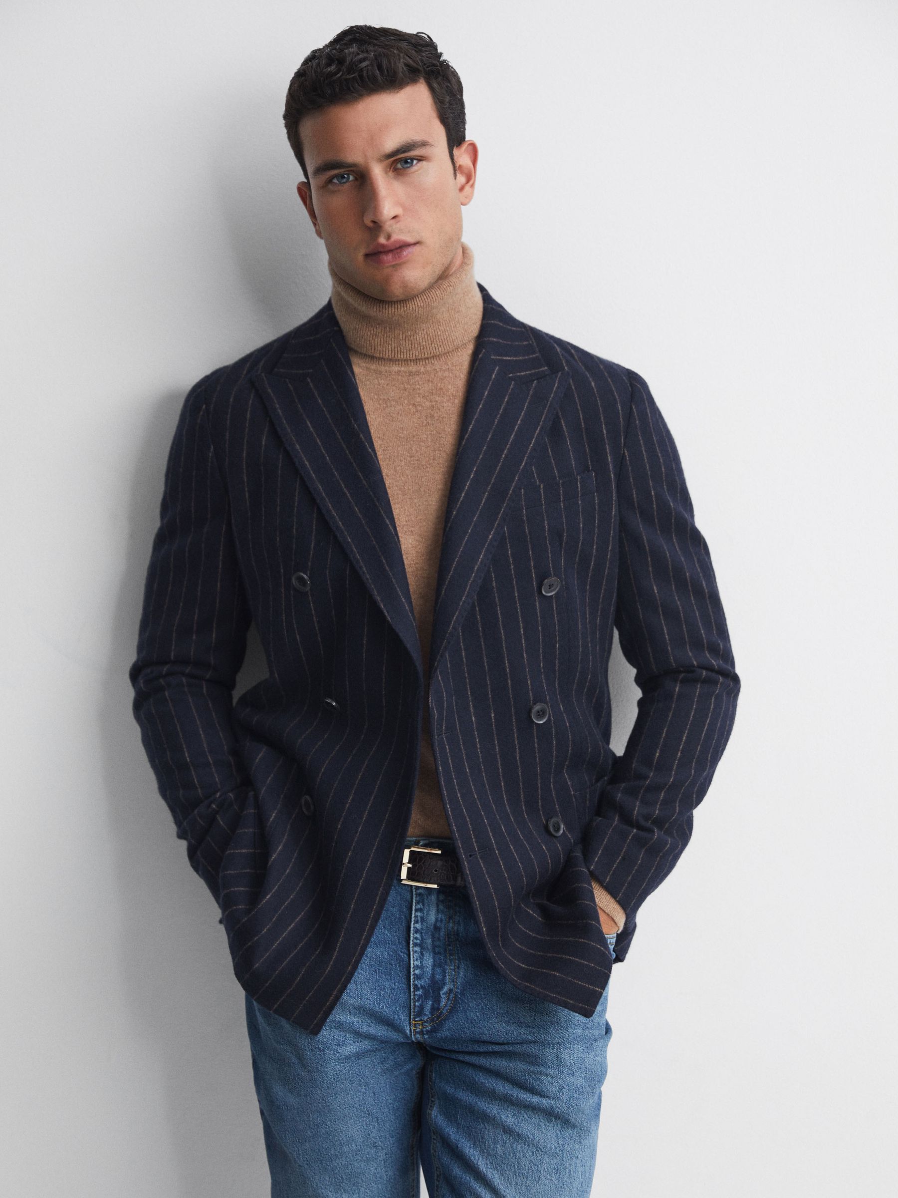 Slim Fit Wool Double Breasted Pinstripe Blazer in Navy - Image 1 of 7