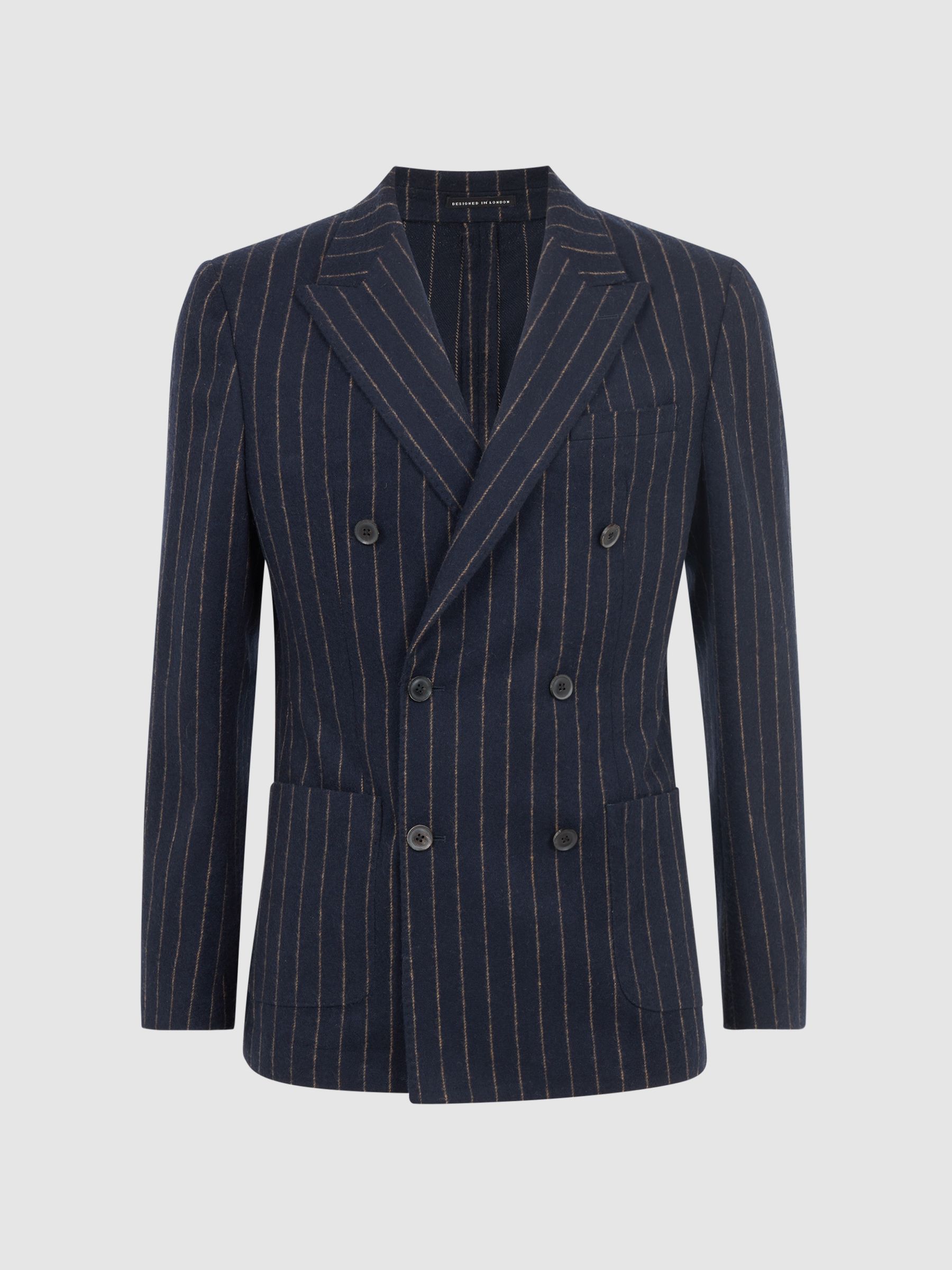 Slim Fit Wool Double Breasted Pinstripe Blazer in Navy - Image 2 of 7