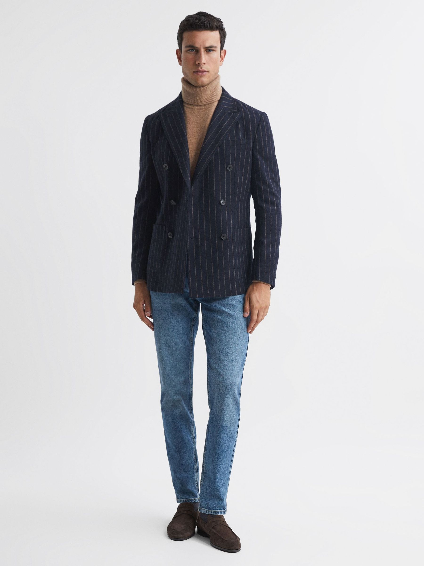 Slim Fit Wool Double Breasted Pinstripe Blazer in Navy - Image 3 of 7