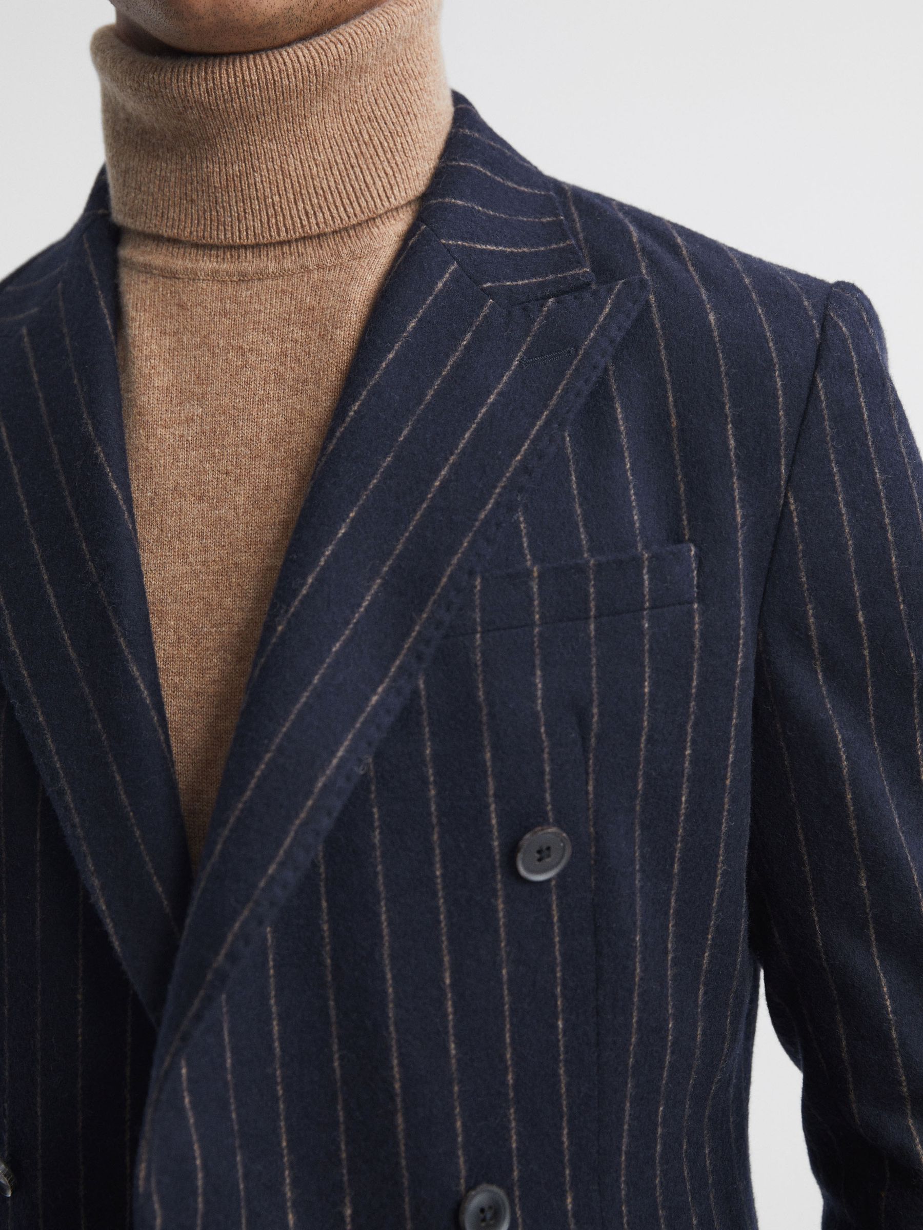 Slim Fit Wool Double Breasted Pinstripe Blazer in Navy - Image 4 of 7