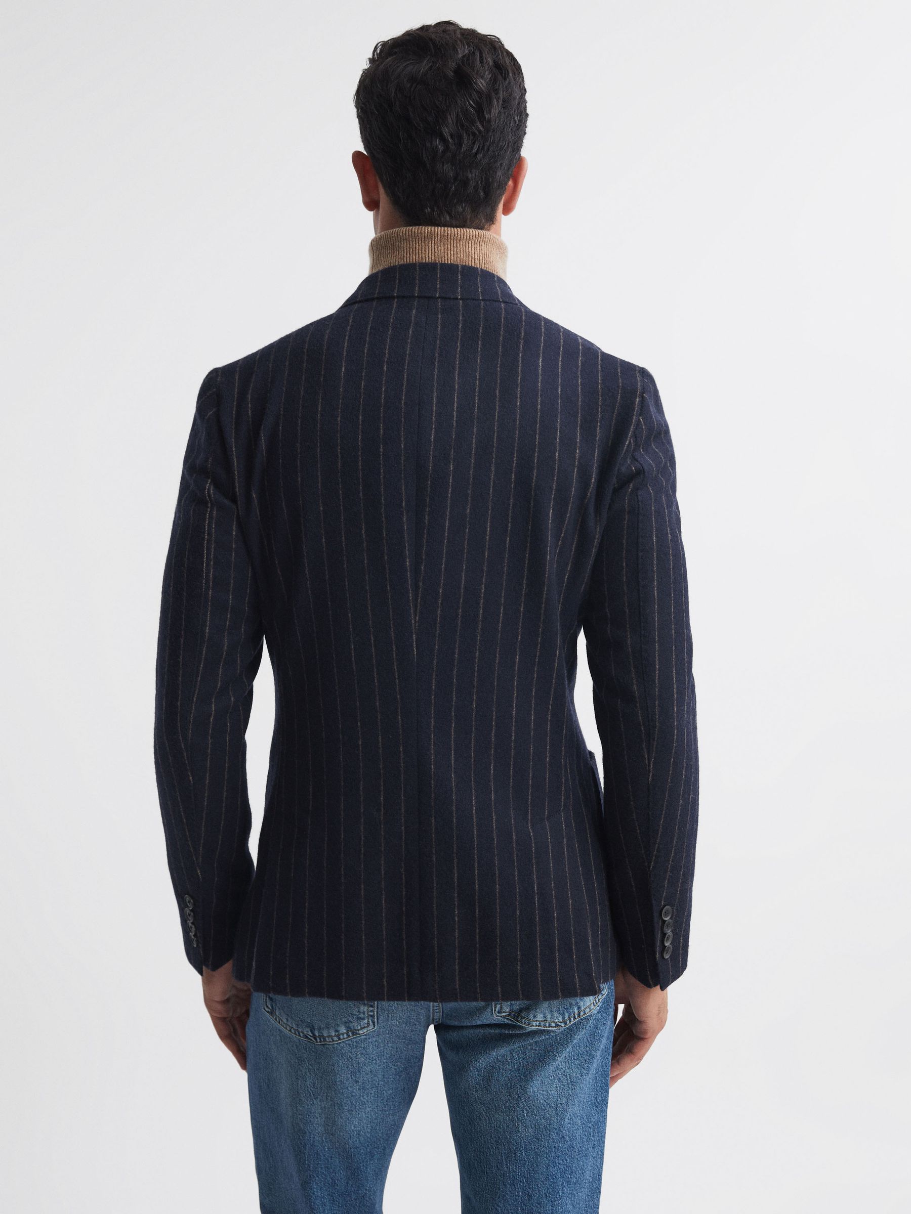 Slim Fit Wool Double Breasted Pinstripe Blazer in Navy - Image 5 of 7