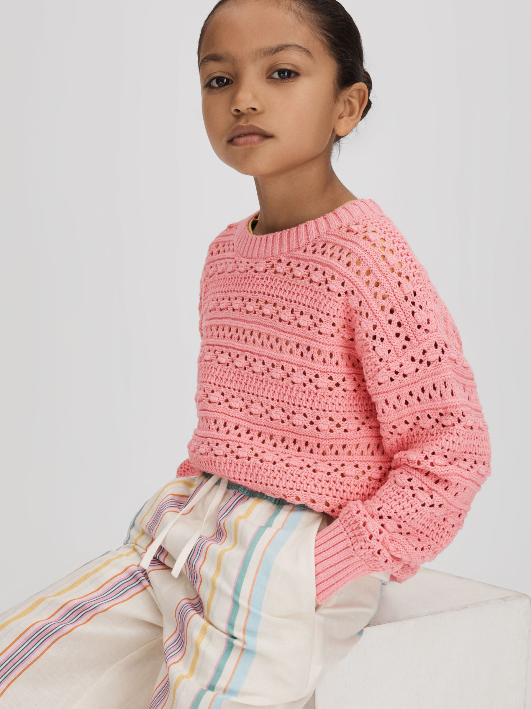 Teen Crochet Crew Neck Jumper in Pink - Image 3 of 6