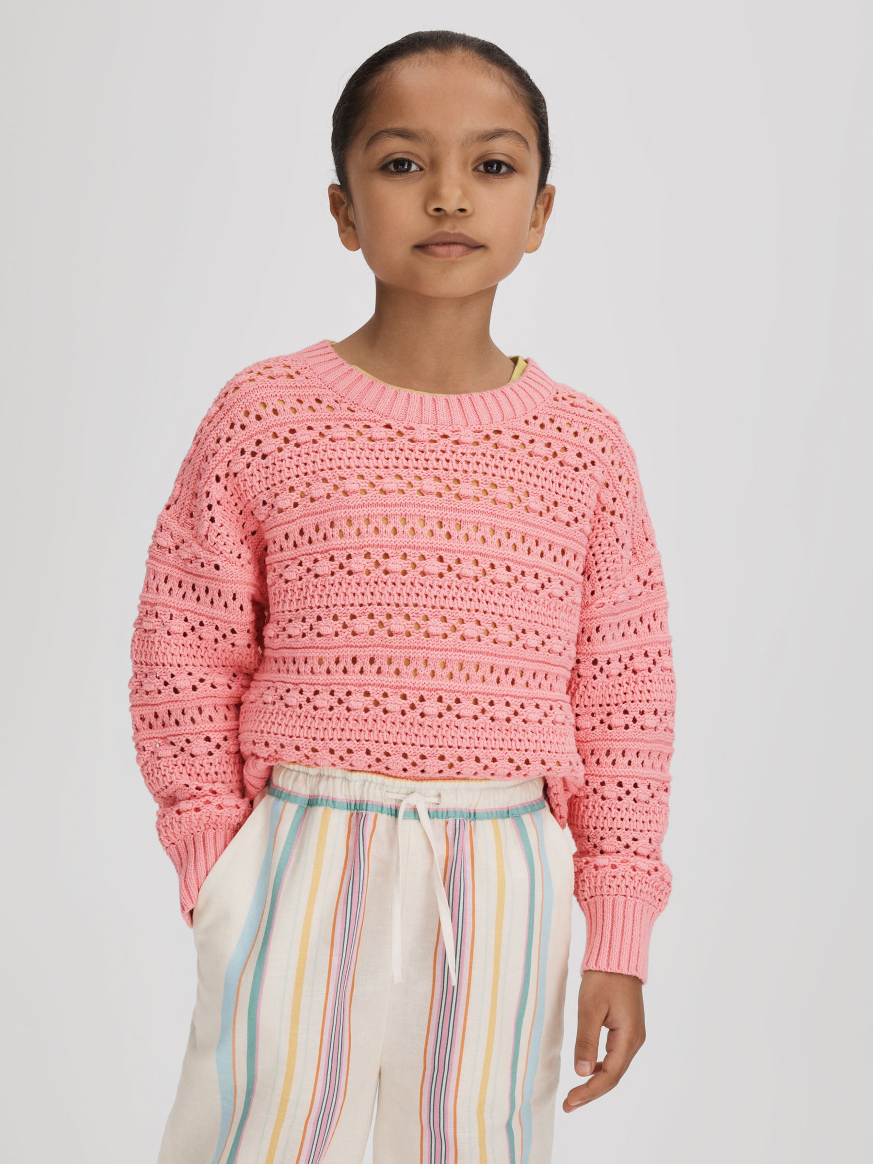Teen Crochet Crew Neck Jumper in Pink - Image 4 of 6