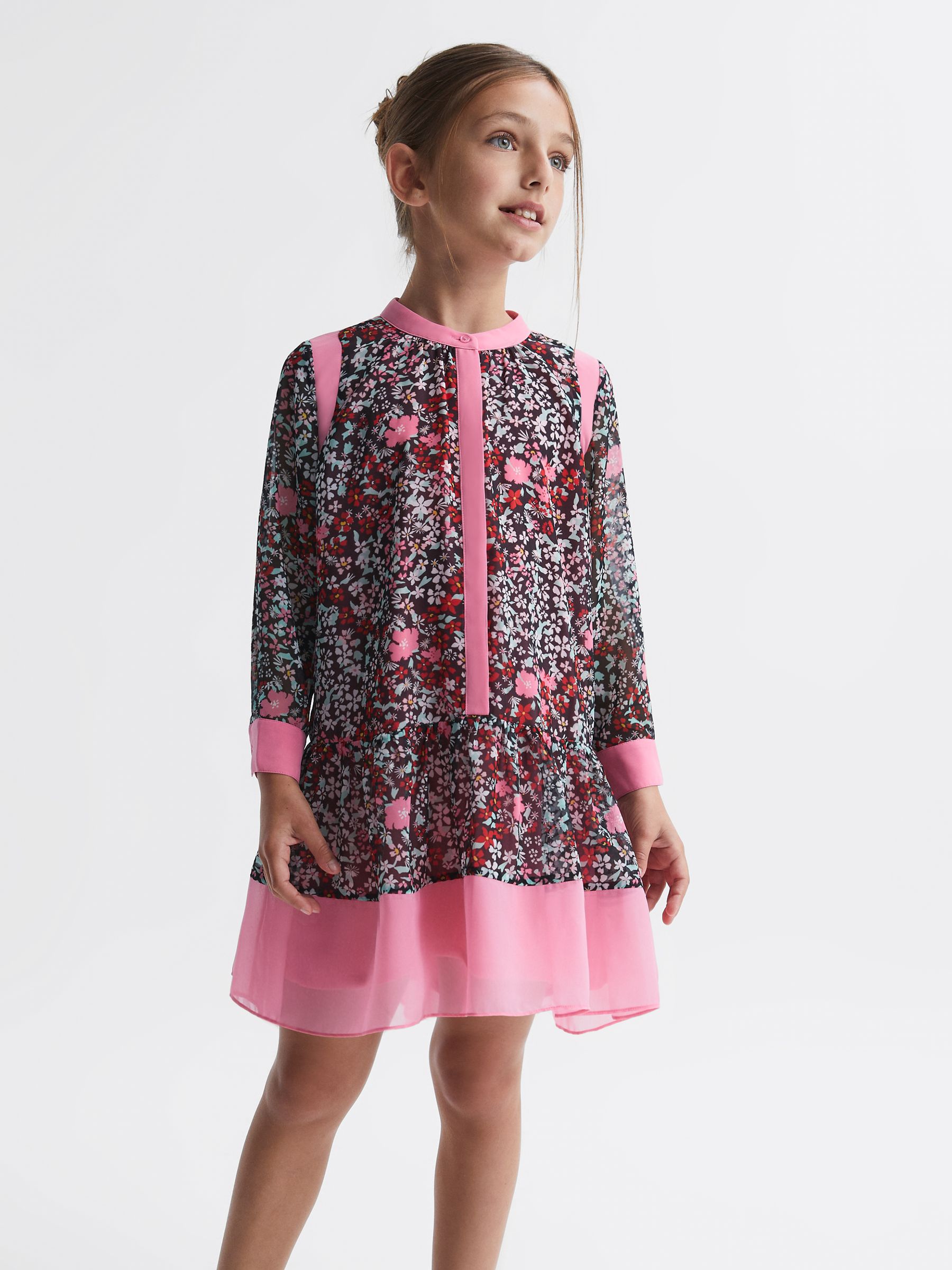 Junior Floral Print Contrast Dress in Pink - Image 1 of 6 Junior Floral Print Contrast Dress in Pink - Image 1 of 6