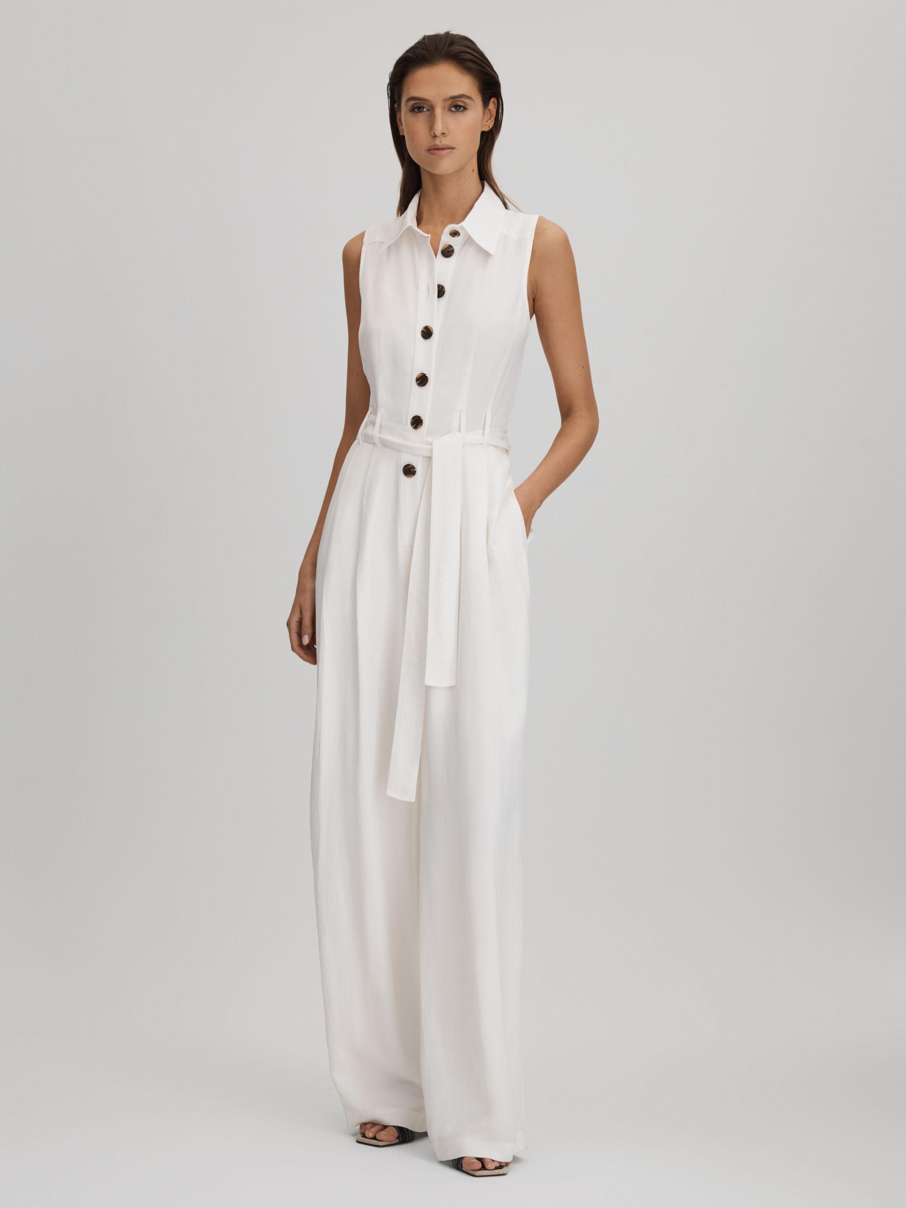 Petite Belted Wide Leg Jumpsuit in White - Image 4 of 7