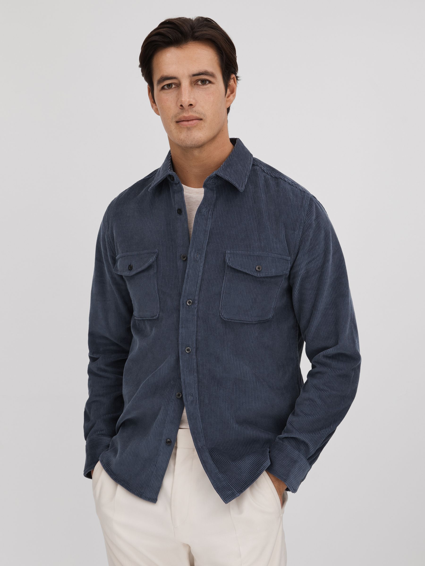 Corduroy Twin Pocket Overshirt in Dark Airforce - Image 1 of 6