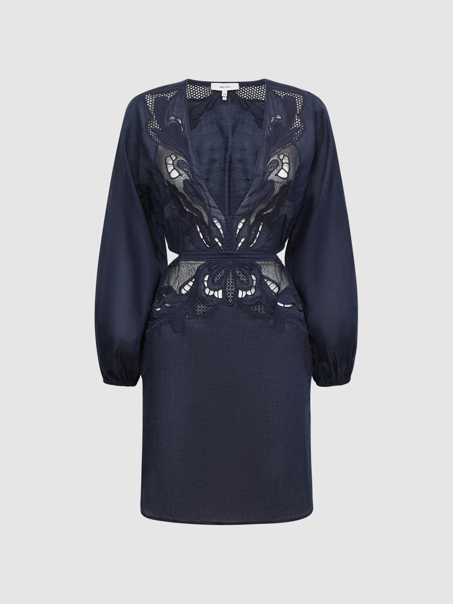 Ramie Plunge Neck Kaftan in Navy - Image 2 of 4