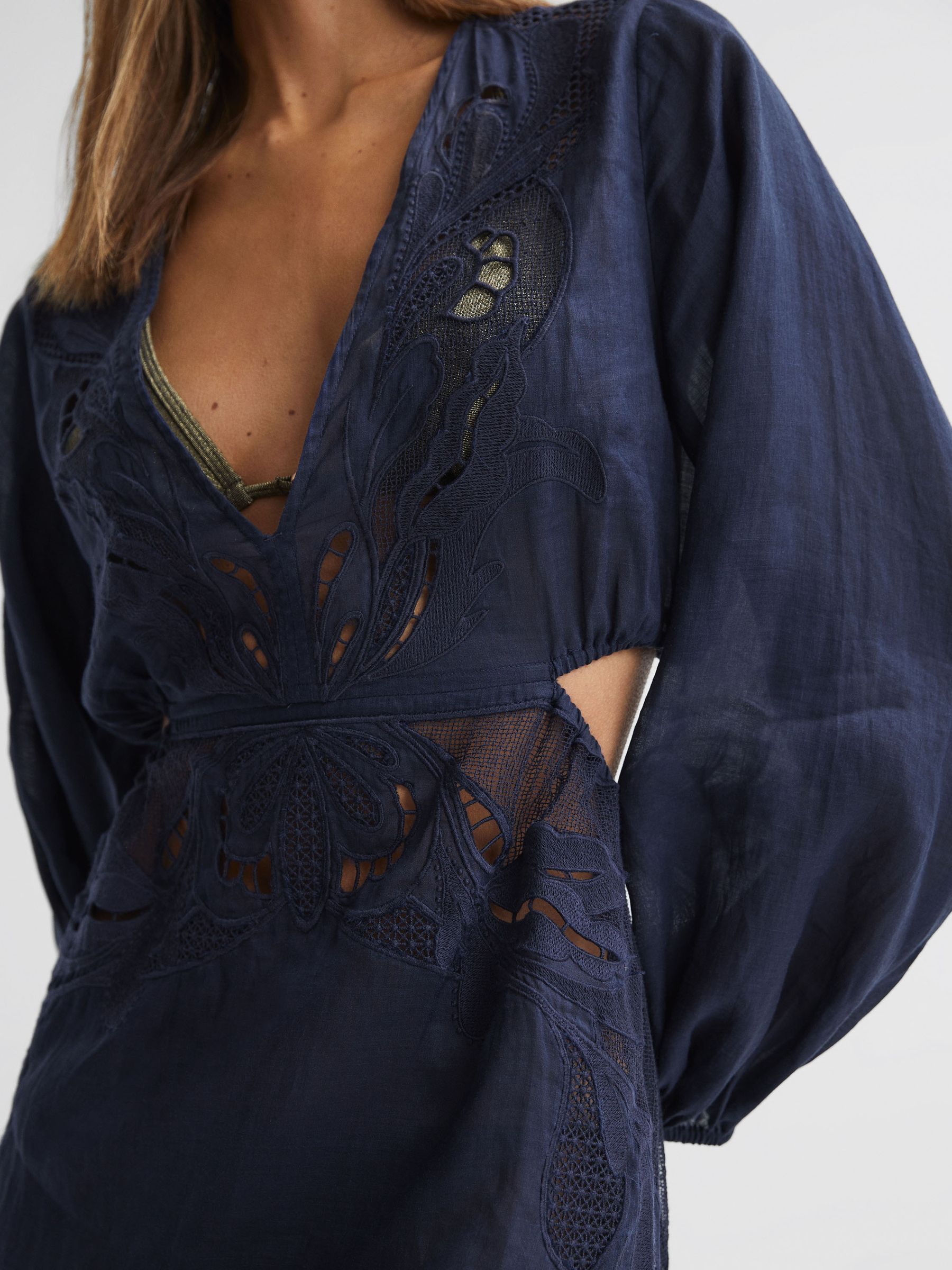 Ramie Plunge Neck Kaftan in Navy - Image 3 of 4