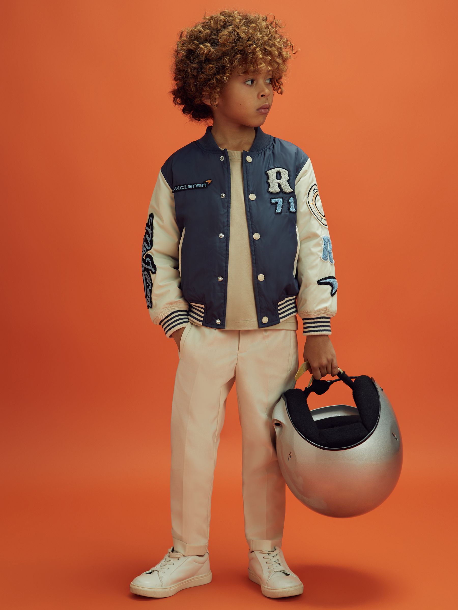 Junior McLaren F1 Patch Varsity Bomber Jacket in Airforce Blue/Ecru - Image 3 of 12