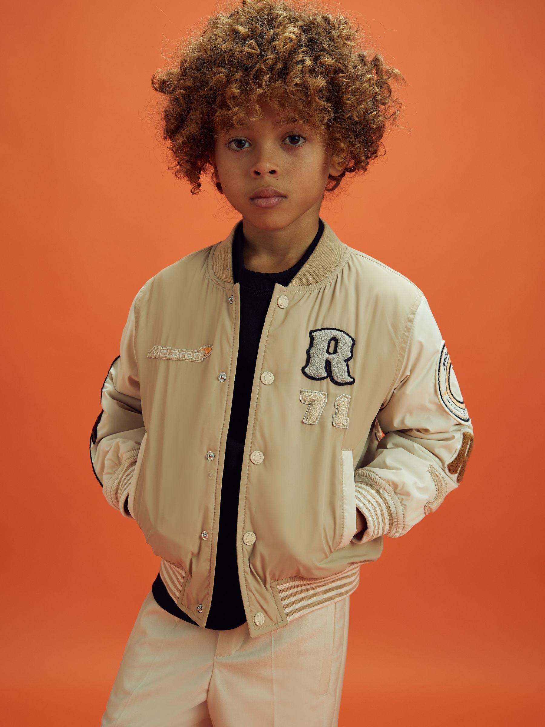 3-9 yrs McLaren F1 Patch Varsity Bomber Jacket in Taupe/Ecru - Image 6 of 12