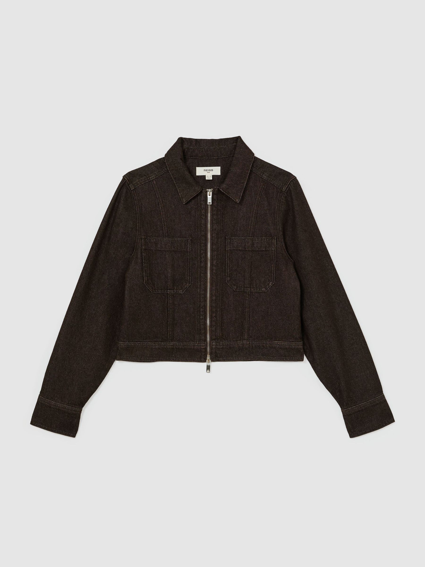 Cropped Zip-Through Denim Jacket in Dark Grape - Image 2 of 6