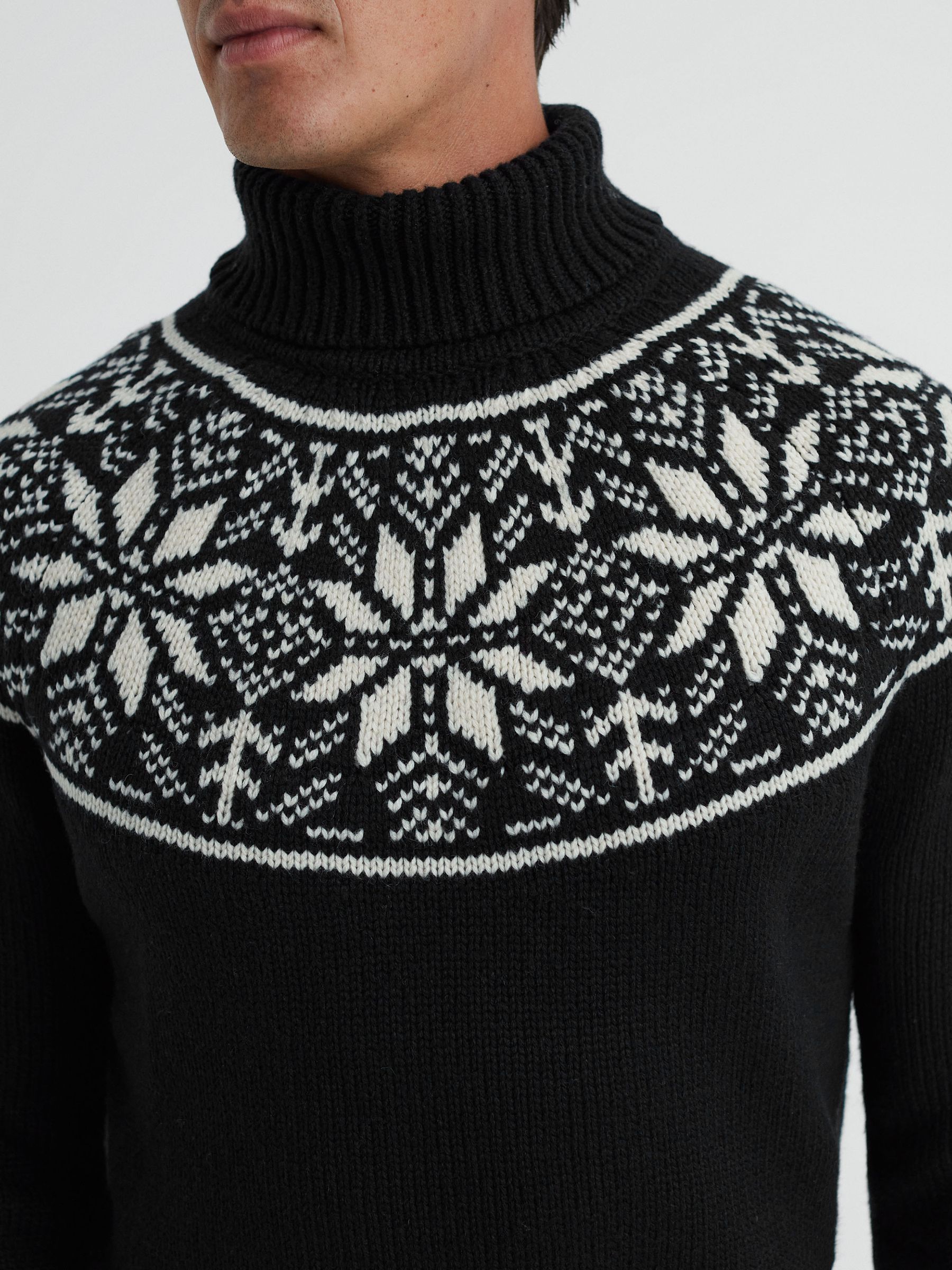 Reiss Knitted Fairisle Pattern Roll Neck Jumper in Black REISS