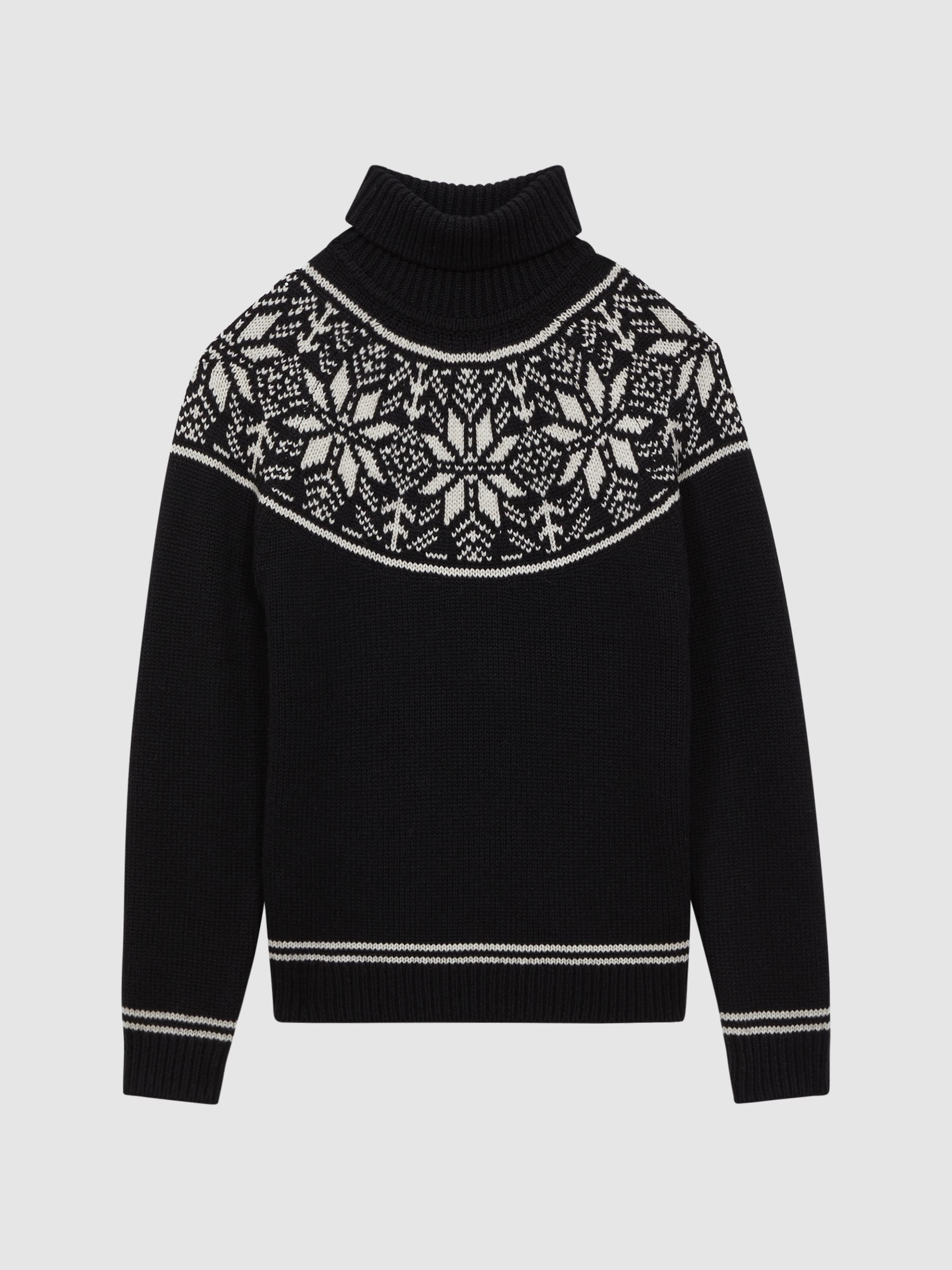 Reiss Knitted Fairisle Pattern Roll Neck Jumper in Black REISS