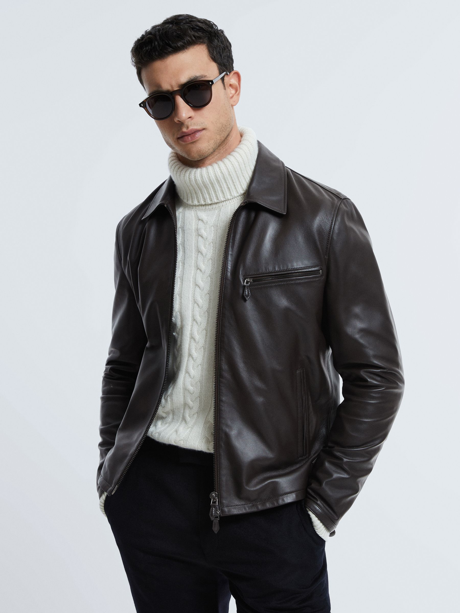 Atelier Leather Zip-Through Jacket in Chocolate - Image 1 of 8