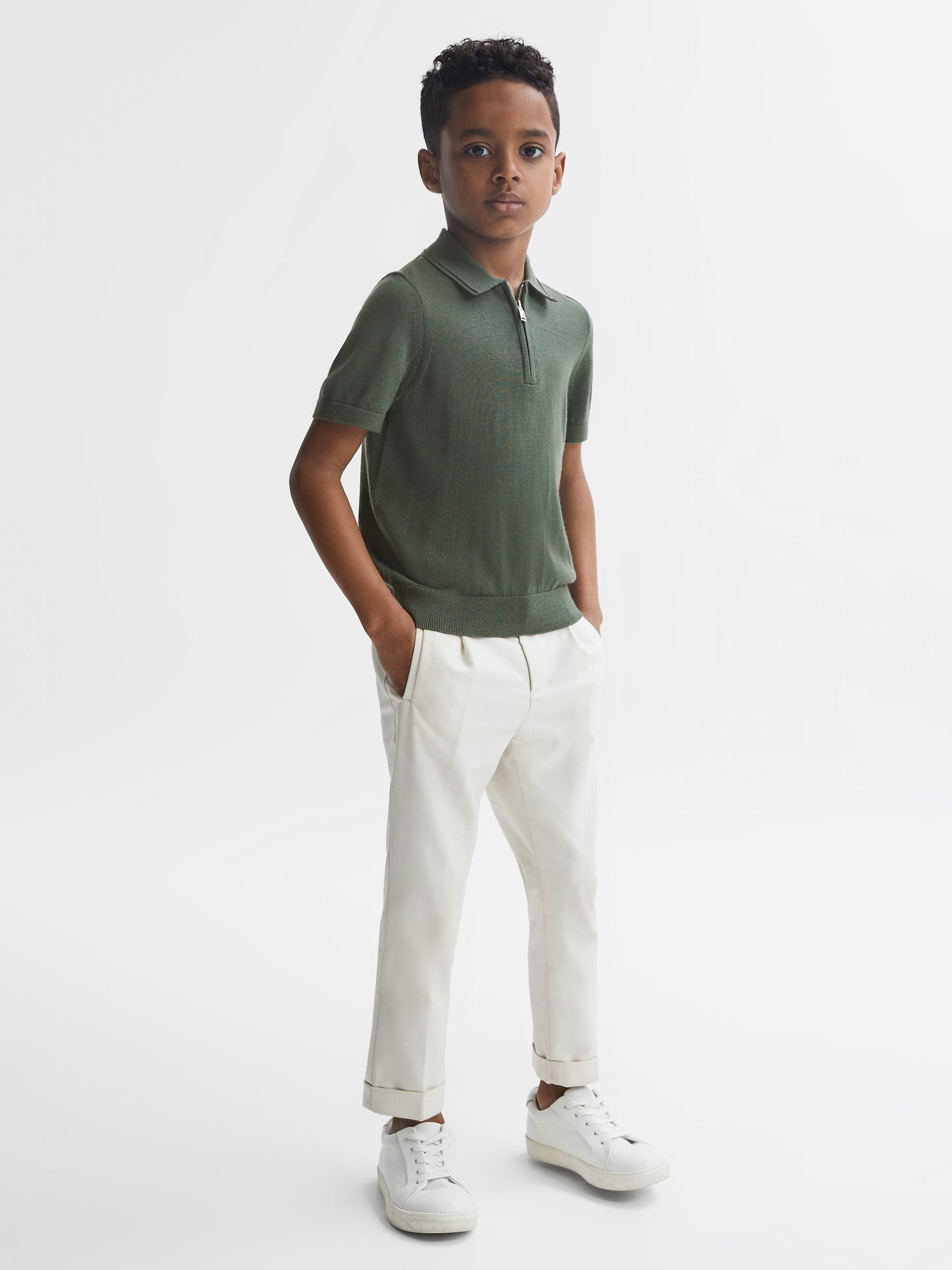 Senior Merino Zip Neck Polo T-Shirt in Ivy Green - Image 1 of 6