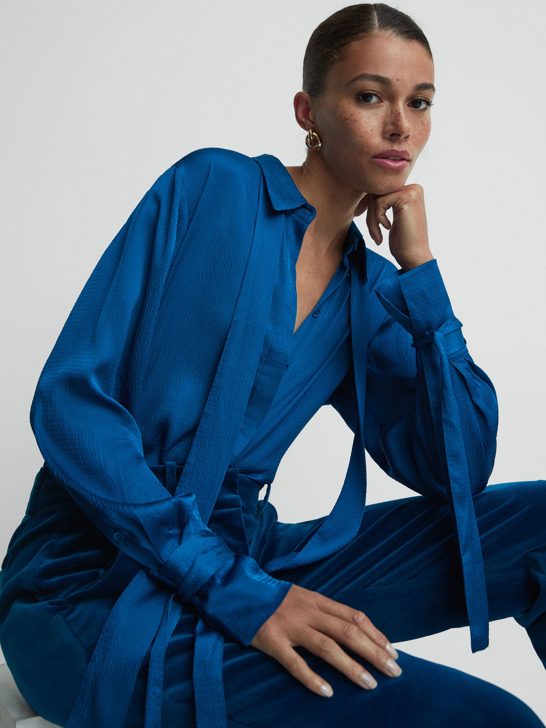 Hammered Satin Removable Tie Detail Blouse in Dark Blue - Image 1 of 7