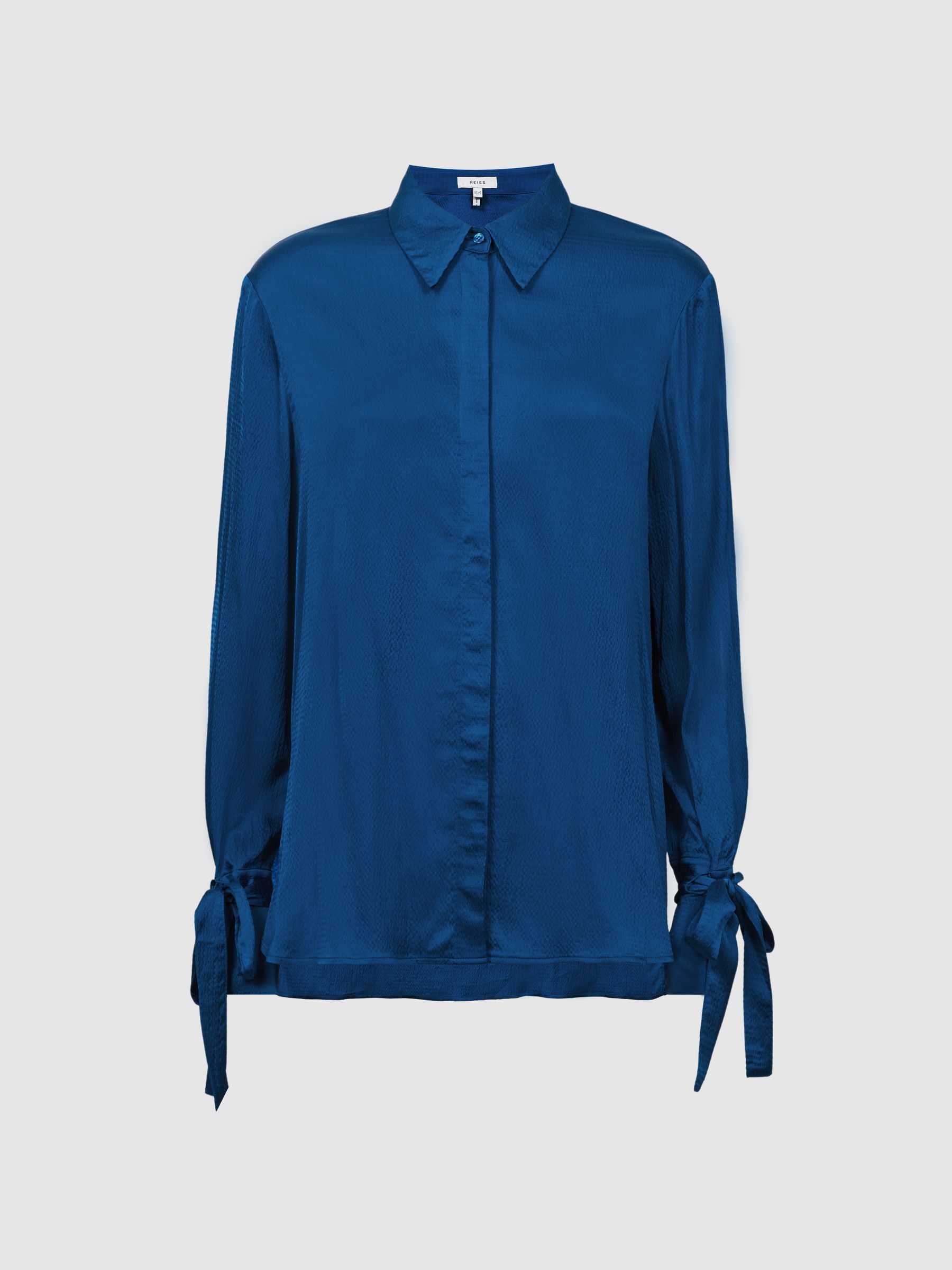 Hammered Satin Removable Tie Detail Blouse in Dark Blue - Image 2 of 7